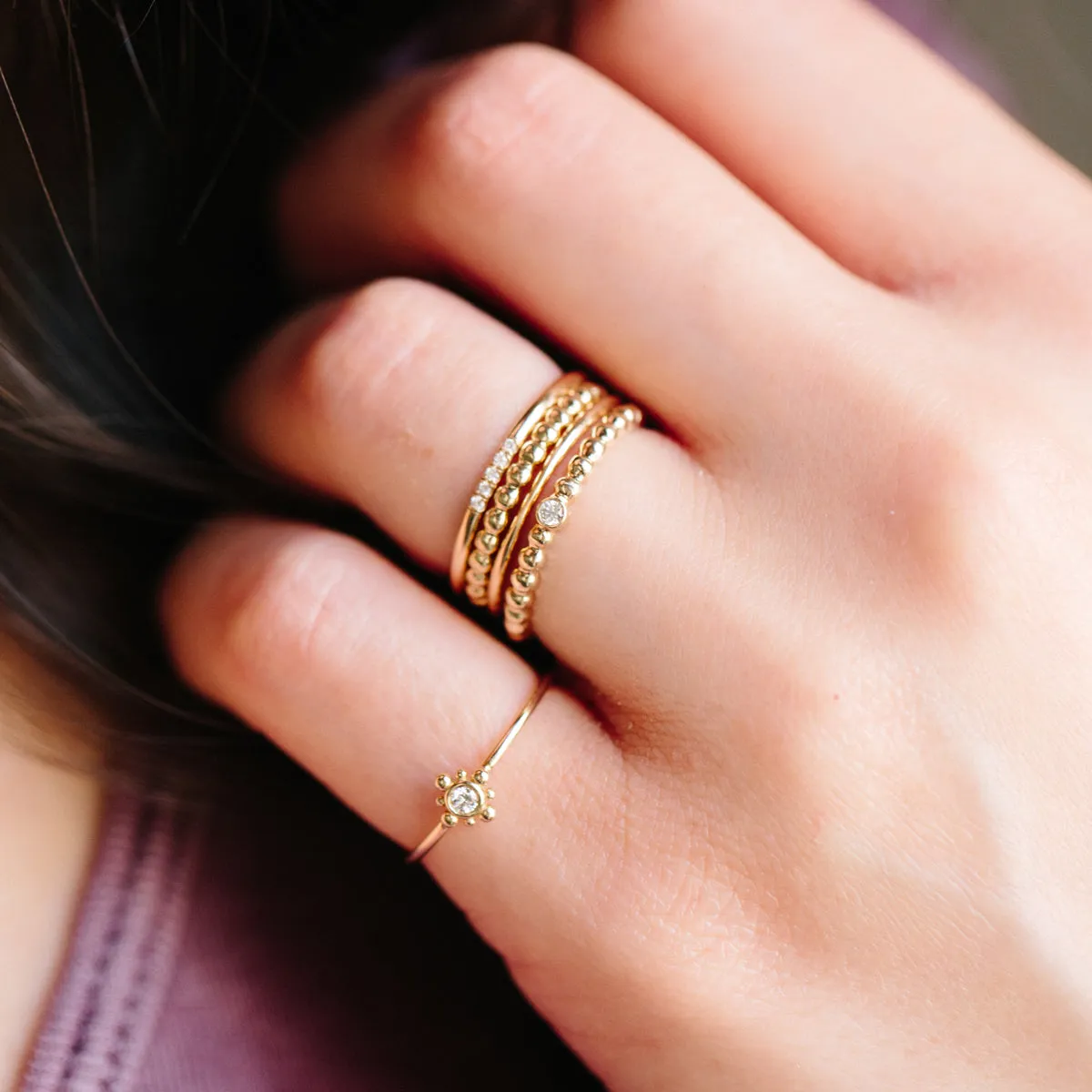 14k Tiny Bead Diamond Starburst Ring