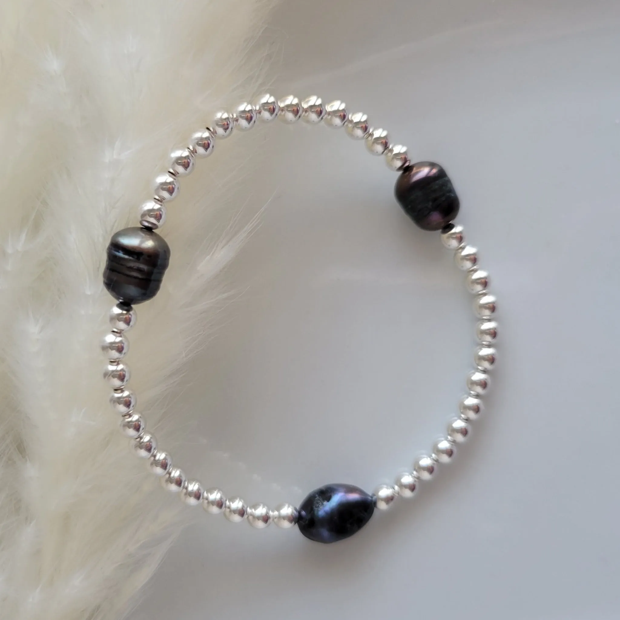 Beaded and Raw Pearl Layering Bracelet - Sterling or Gold - Black or White Pearls