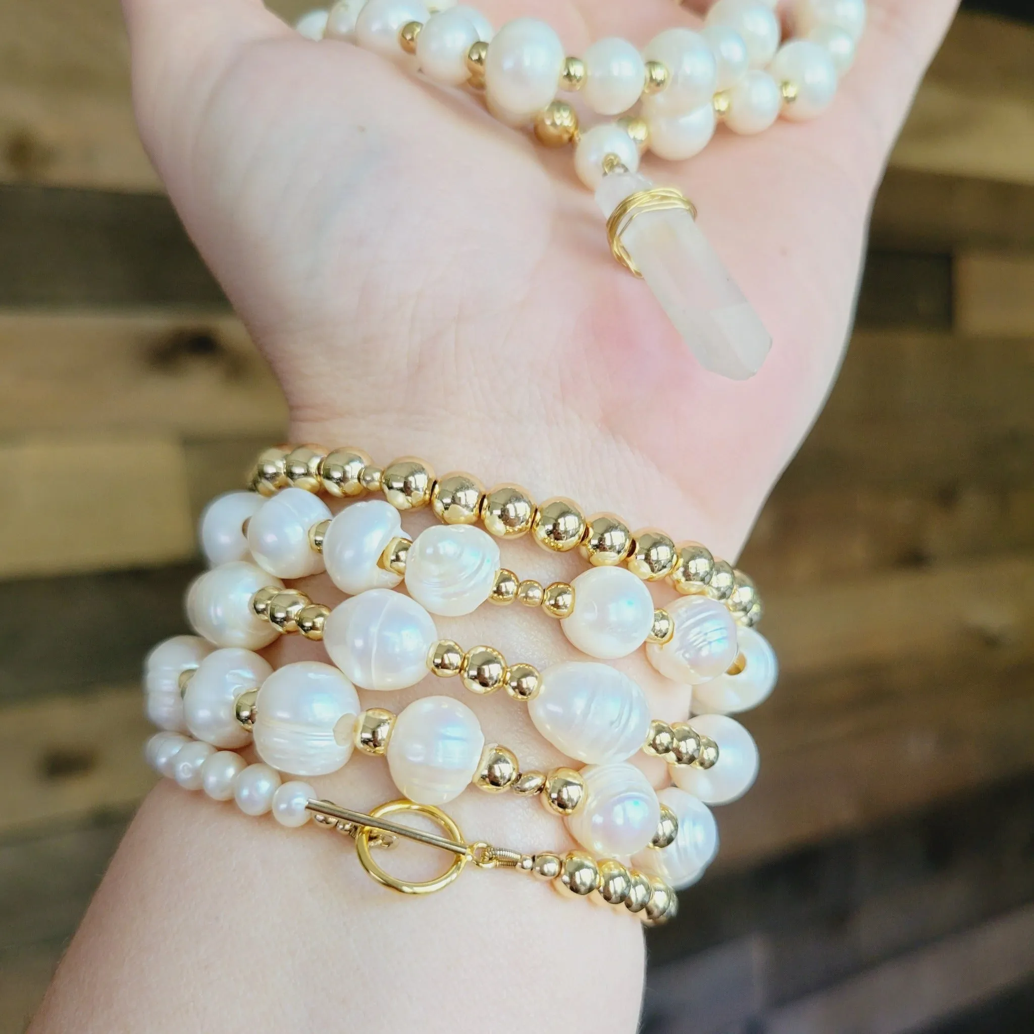Beaded and Raw Pearl Layering Bracelet - Sterling or Gold - Black or White Pearls