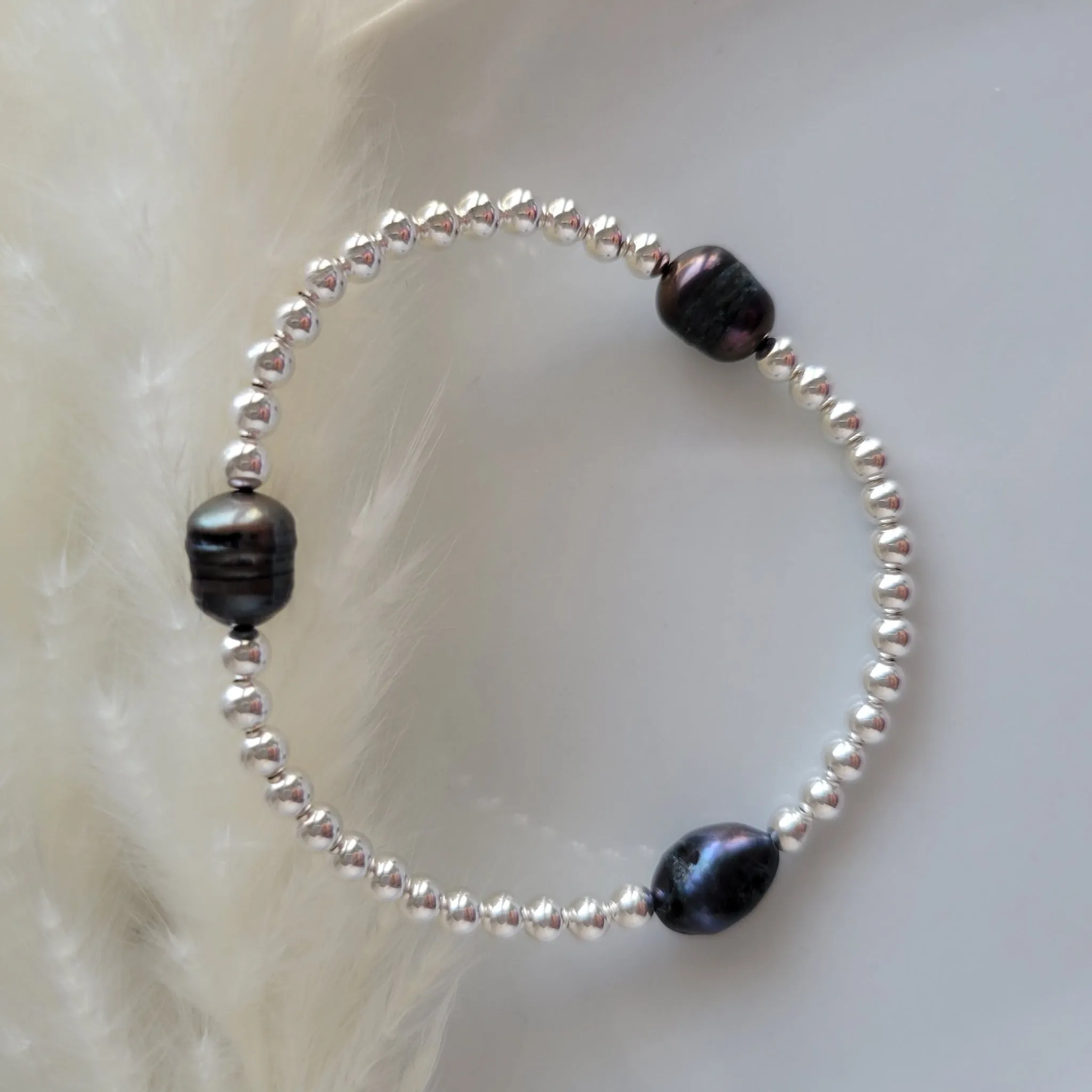 Beaded and Raw Pearl Layering Bracelet - Sterling or Gold - Black or White Pearls