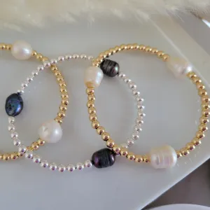 Beaded and Raw Pearl Layering Bracelet - Sterling or Gold - Black or White Pearls