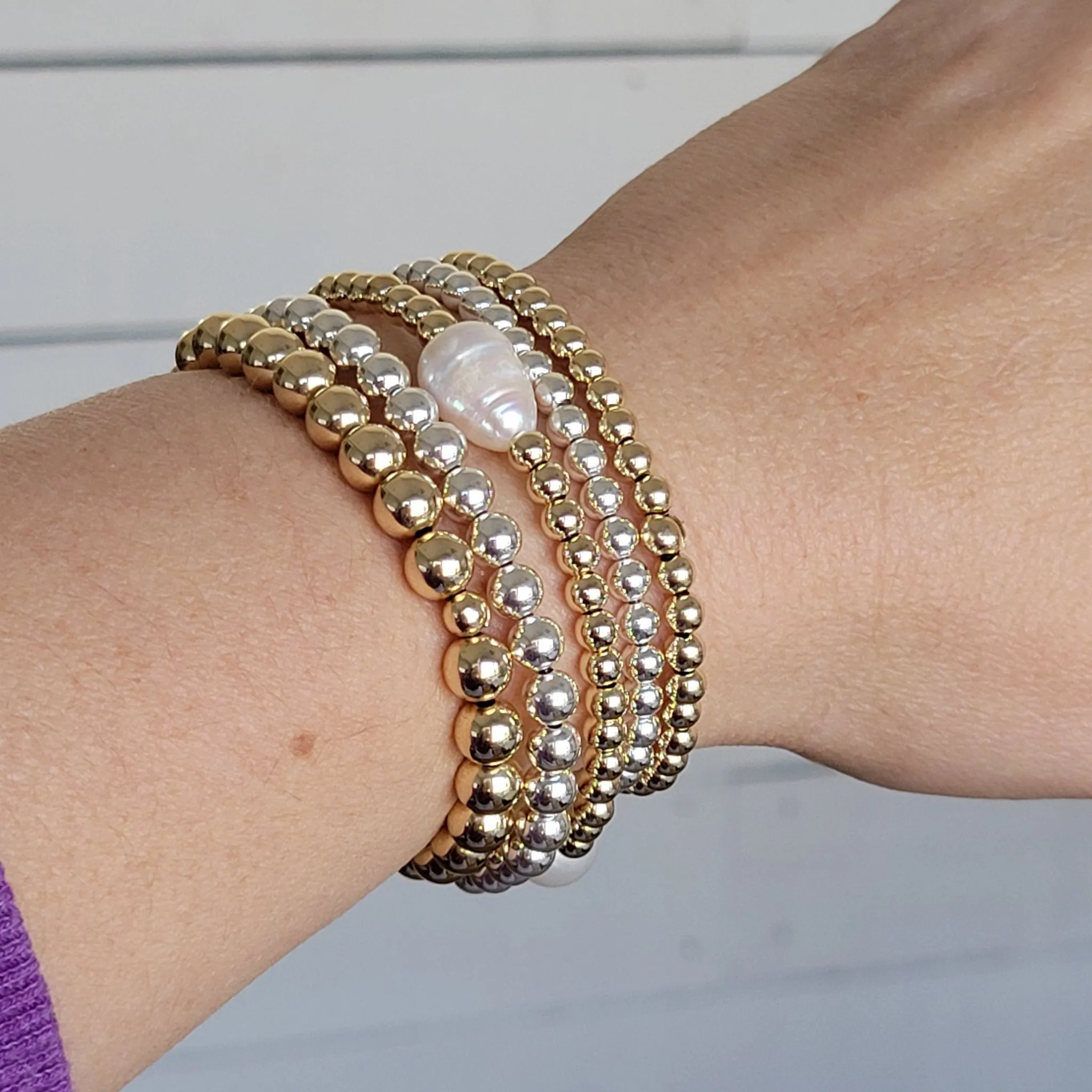 Beaded and Raw Pearl Layering Bracelet - Sterling or Gold - Black or White Pearls