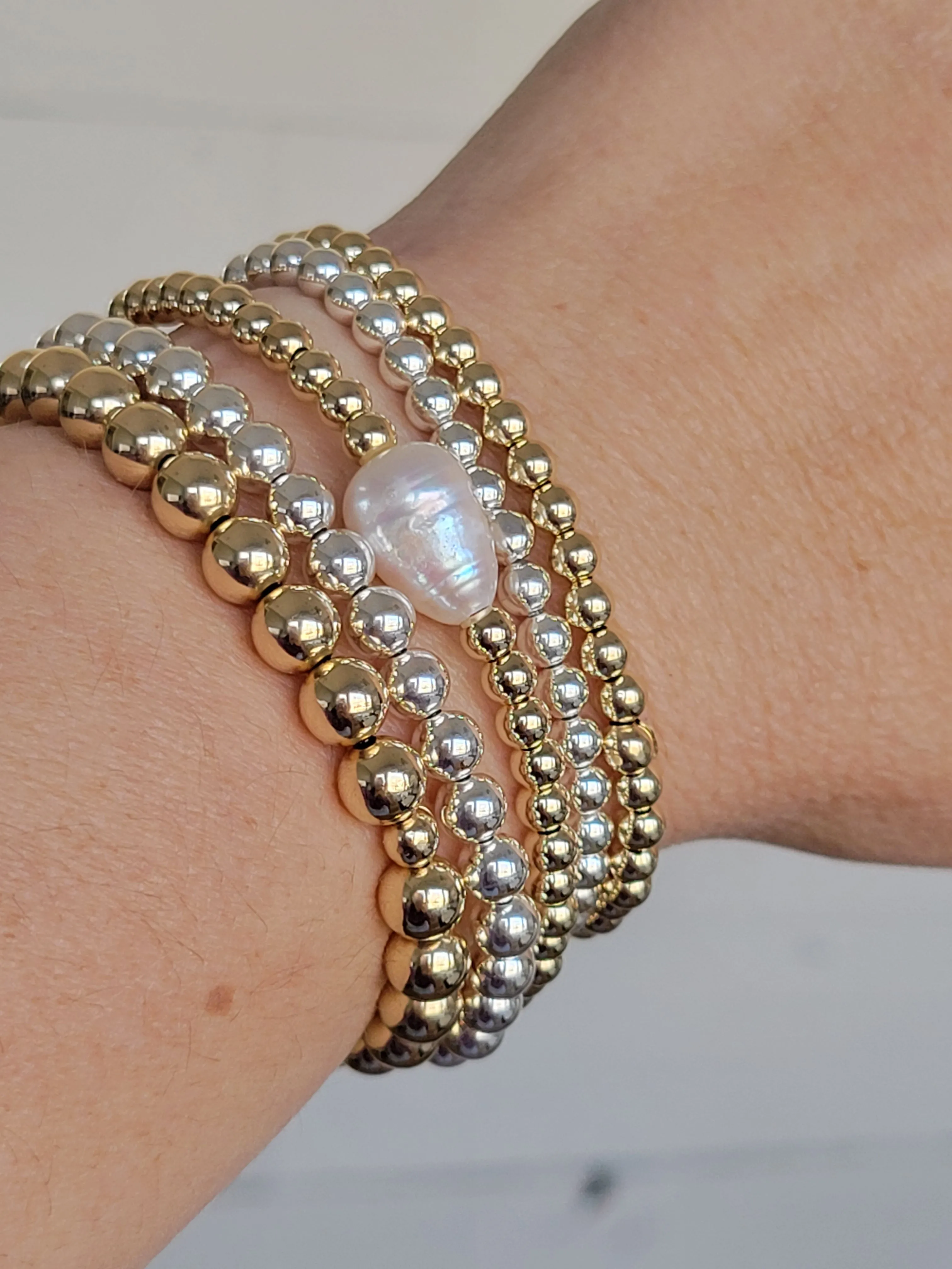 Beaded and Raw Pearl Layering Bracelet - Sterling or Gold - Black or White Pearls