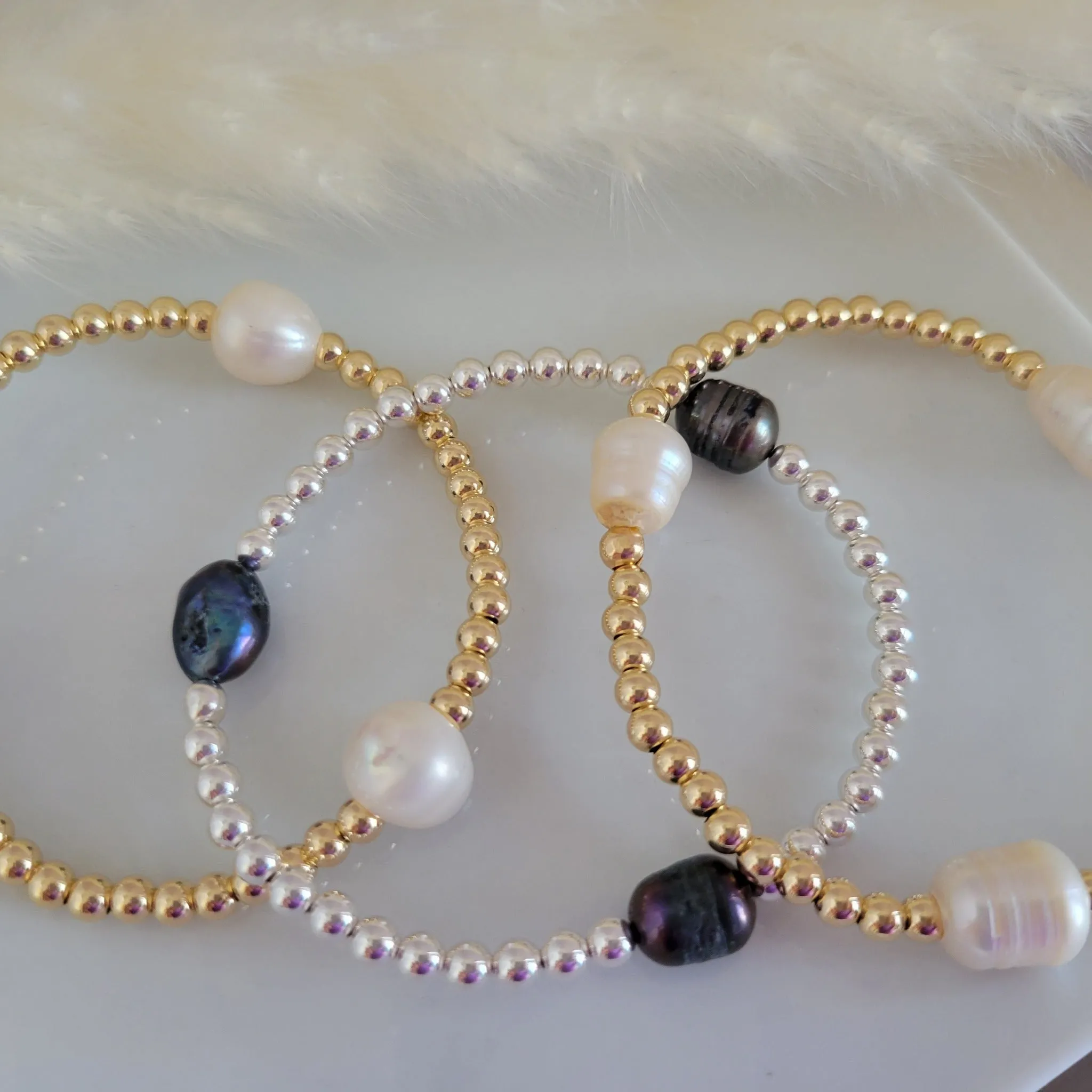 Beaded and Raw Pearl Layering Bracelet - Sterling or Gold - Black or White Pearls