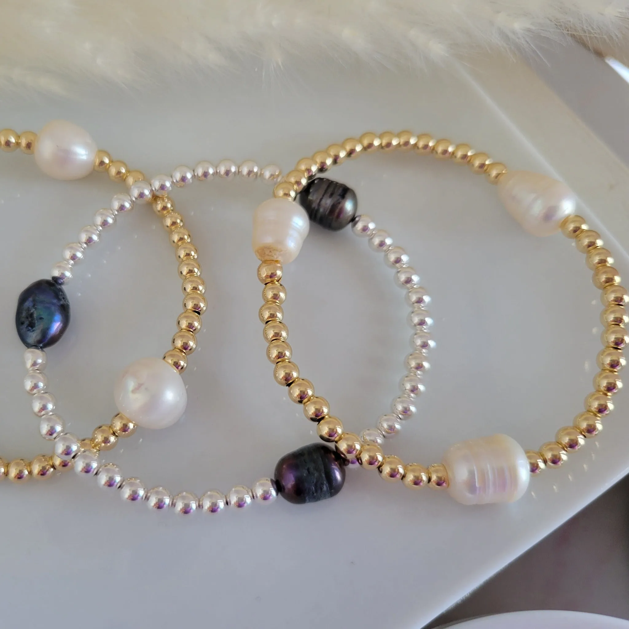 Beaded and Raw Pearl Layering Bracelet - Sterling or Gold - Black or White Pearls