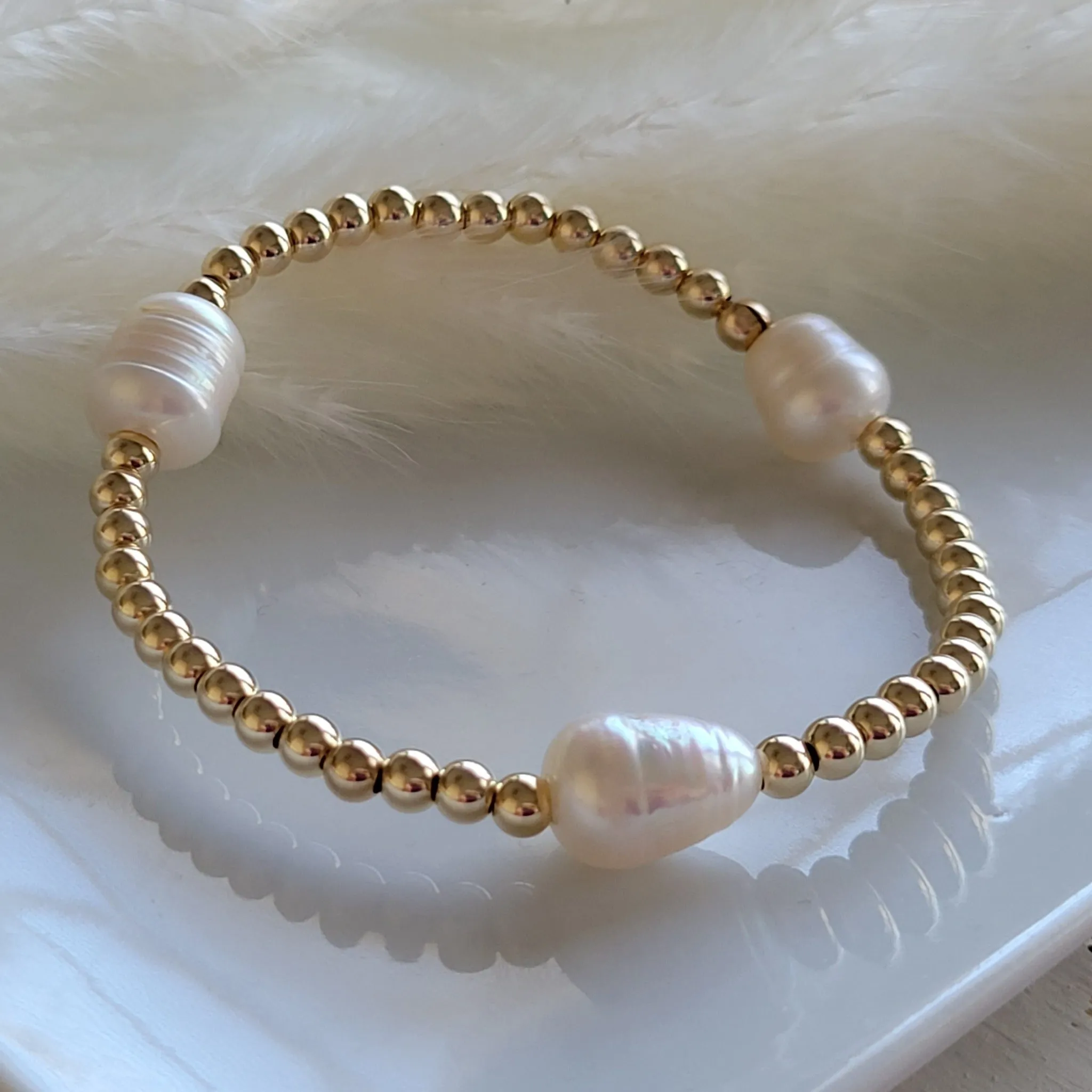 Beaded and Raw Pearl Layering Bracelet - Sterling or Gold - Black or White Pearls