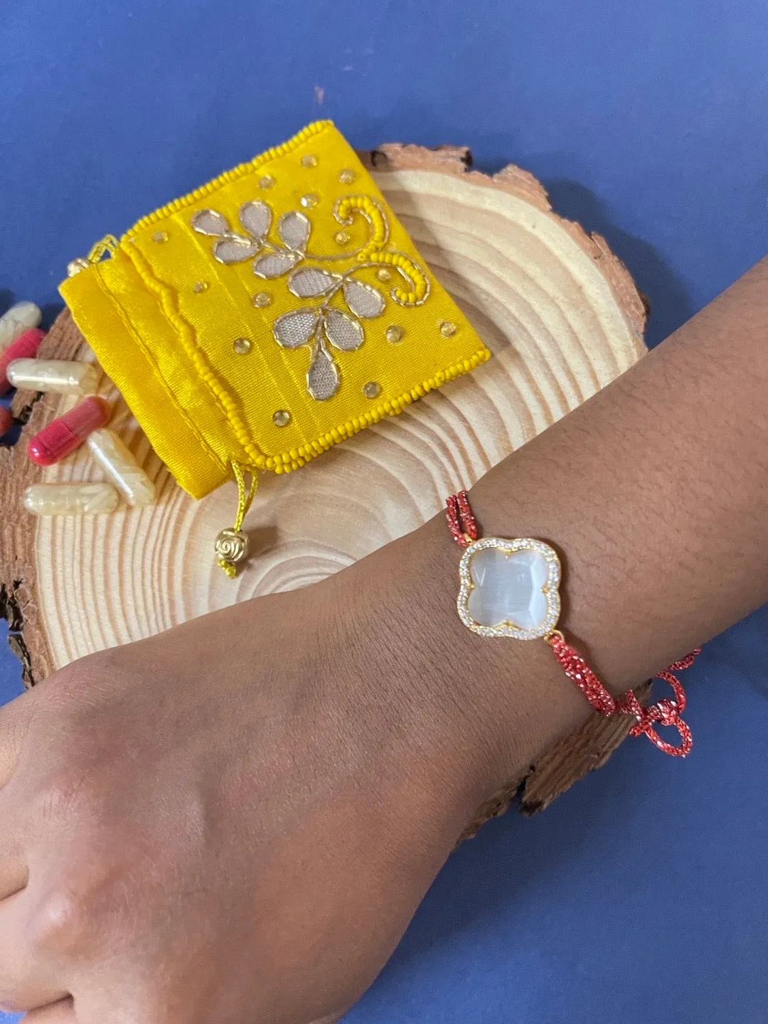 Beautiful American Diamond Flower Rakhi Red Thread For Raksha Bandhan