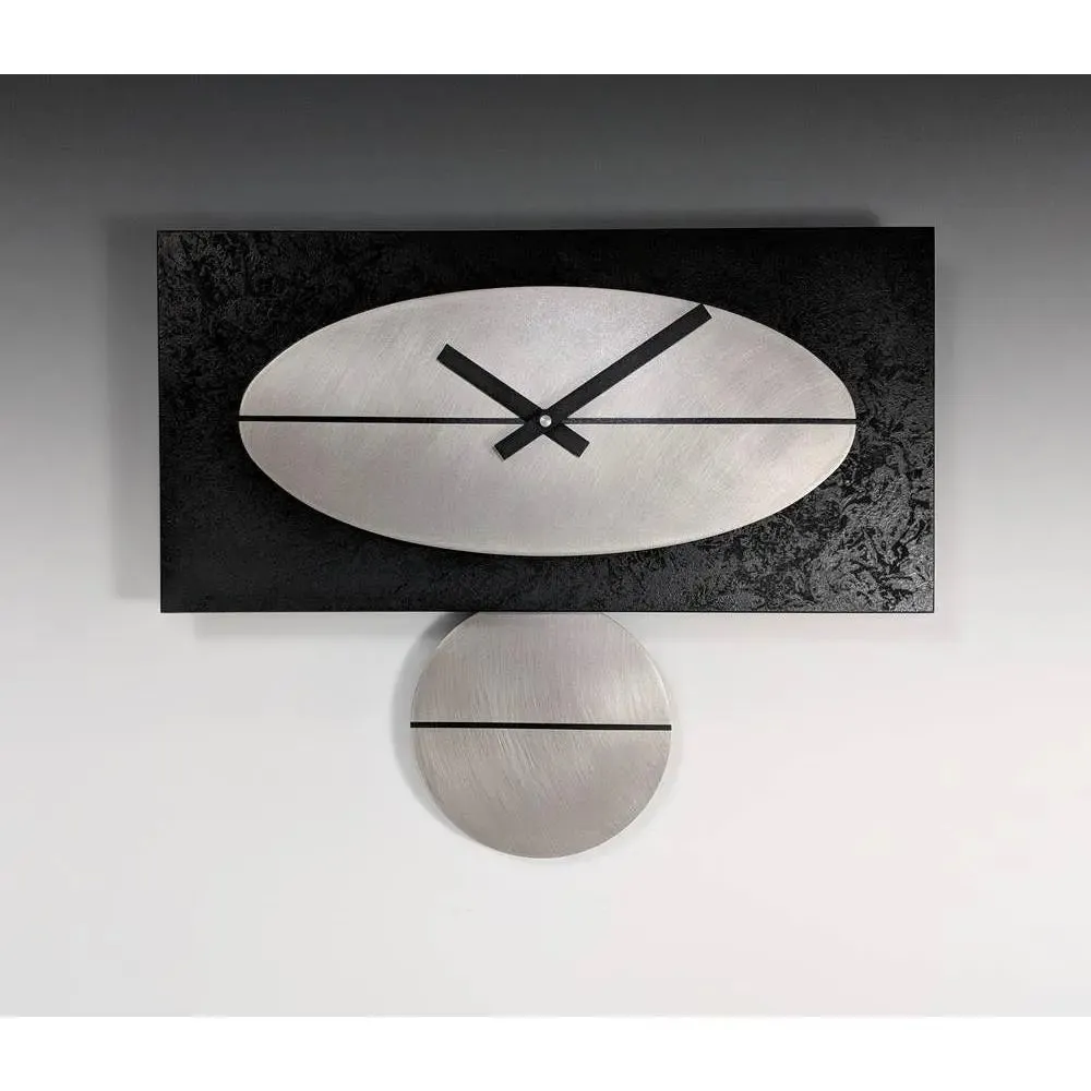 Black and Steel Pendulum Wall Clock 16 in Painted Wood and Stainless Steel by Leonie Lacouette