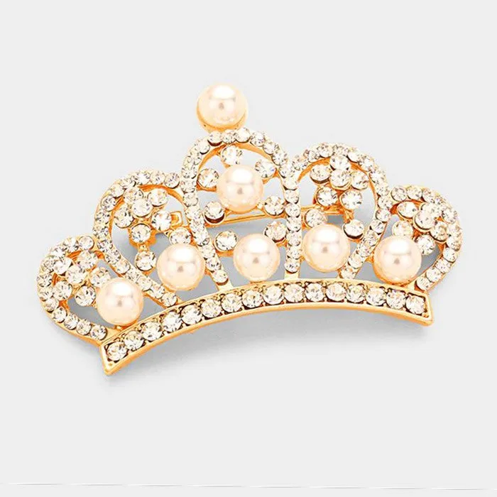 Bling and Pearl Crown Sash Pin | Pageant Sash Pins | Crown Brooch | Bling Products | BR06495