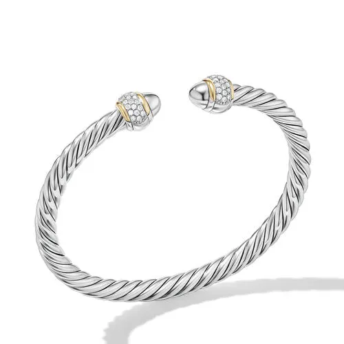 Cable Bracelet in Sterling Silver with 18K Yellow Gold and Diamonds, Size Medium
