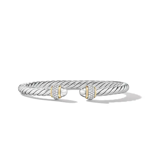 Cable Bracelet in Sterling Silver with 18K Yellow Gold and Diamonds, Size Medium