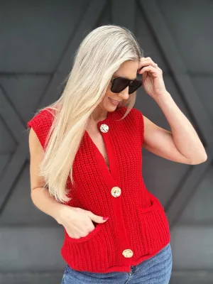 Chunky Knit Button Vest In Red