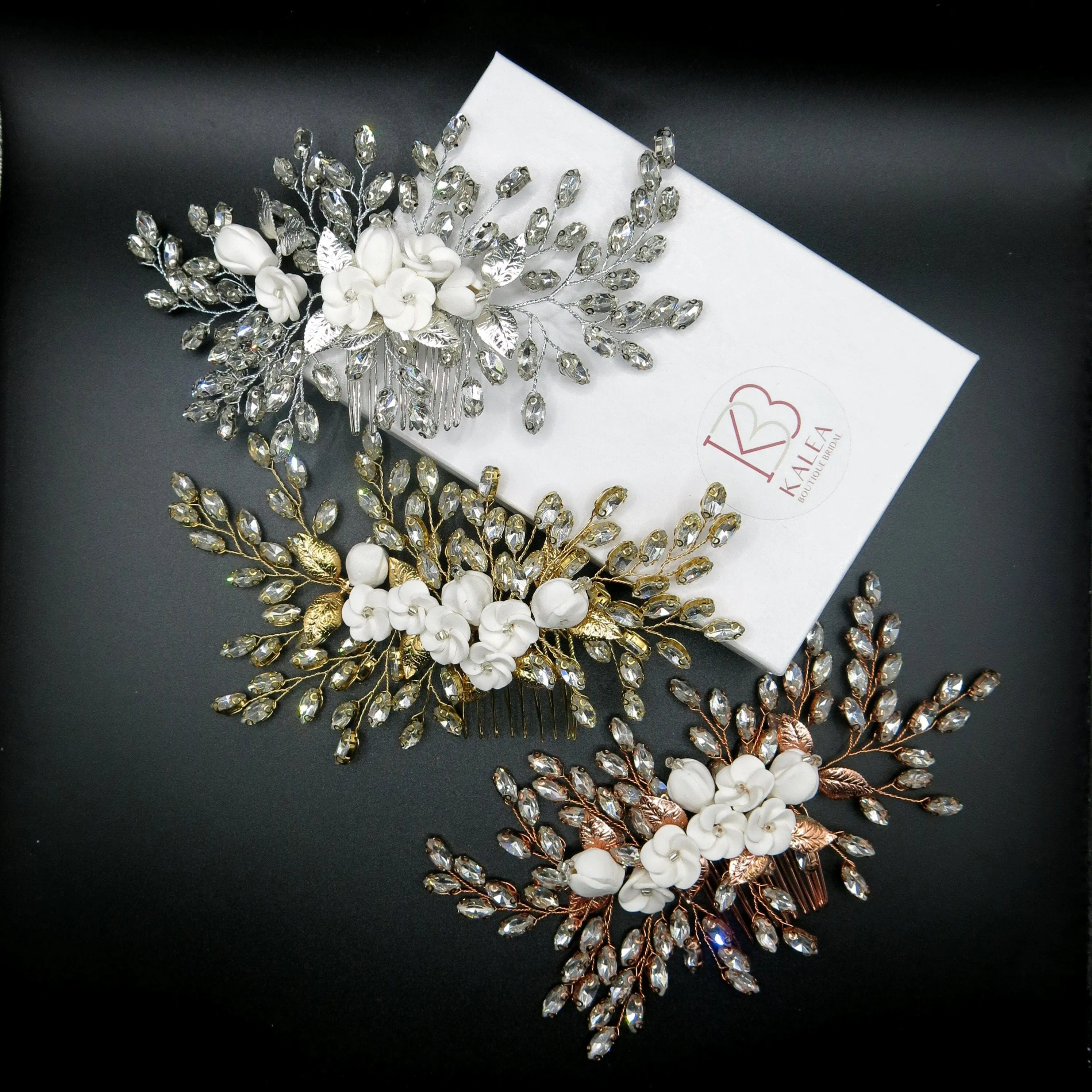 Clay Flower Bridal Hair Comb, Rhinestone Crystal Wedding Hairpiece, Large Gem Leaf Bridal Hair Comb