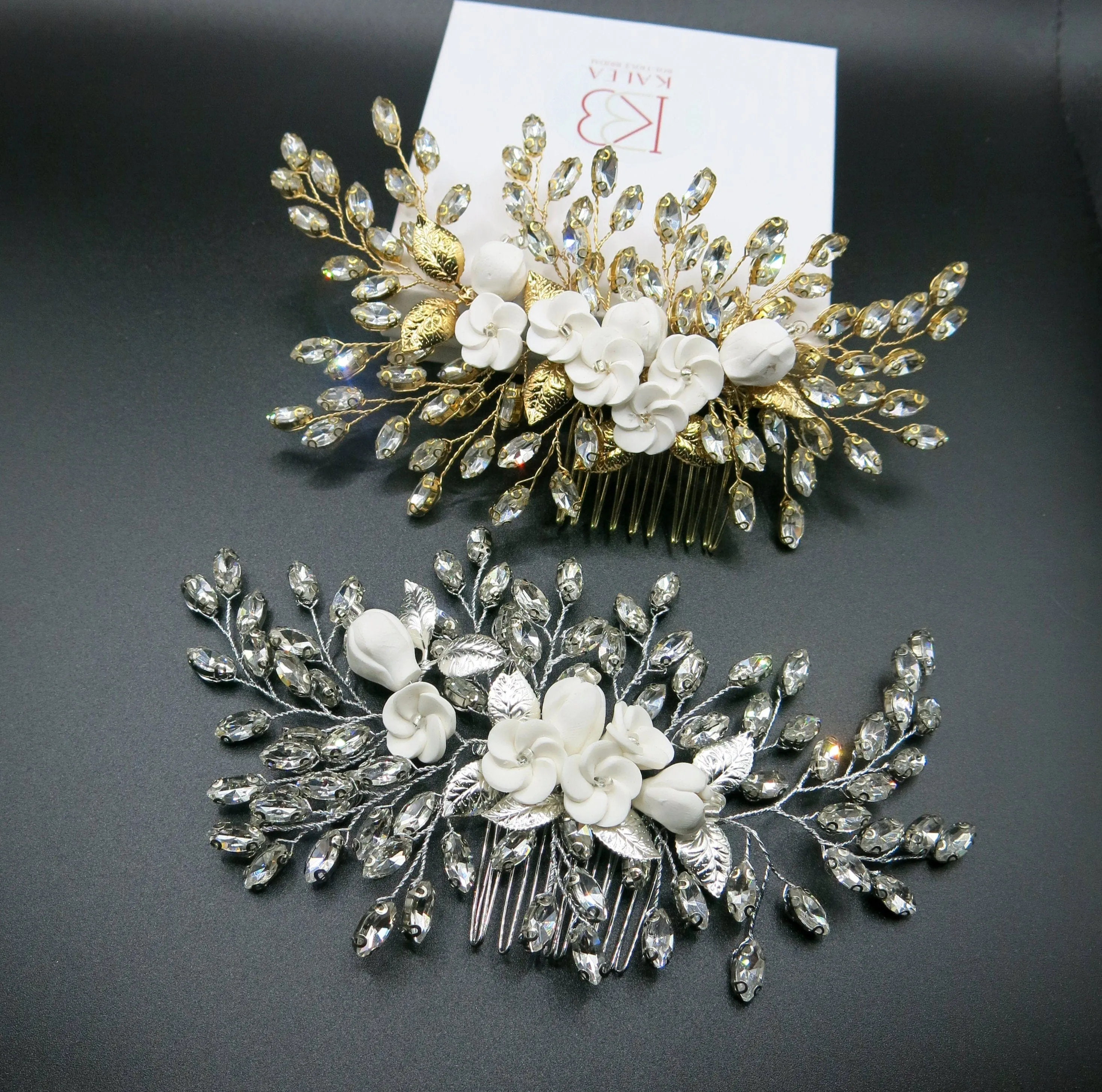 Clay Flower Bridal Hair Comb, Rhinestone Crystal Wedding Hairpiece, Large Gem Leaf Bridal Hair Comb