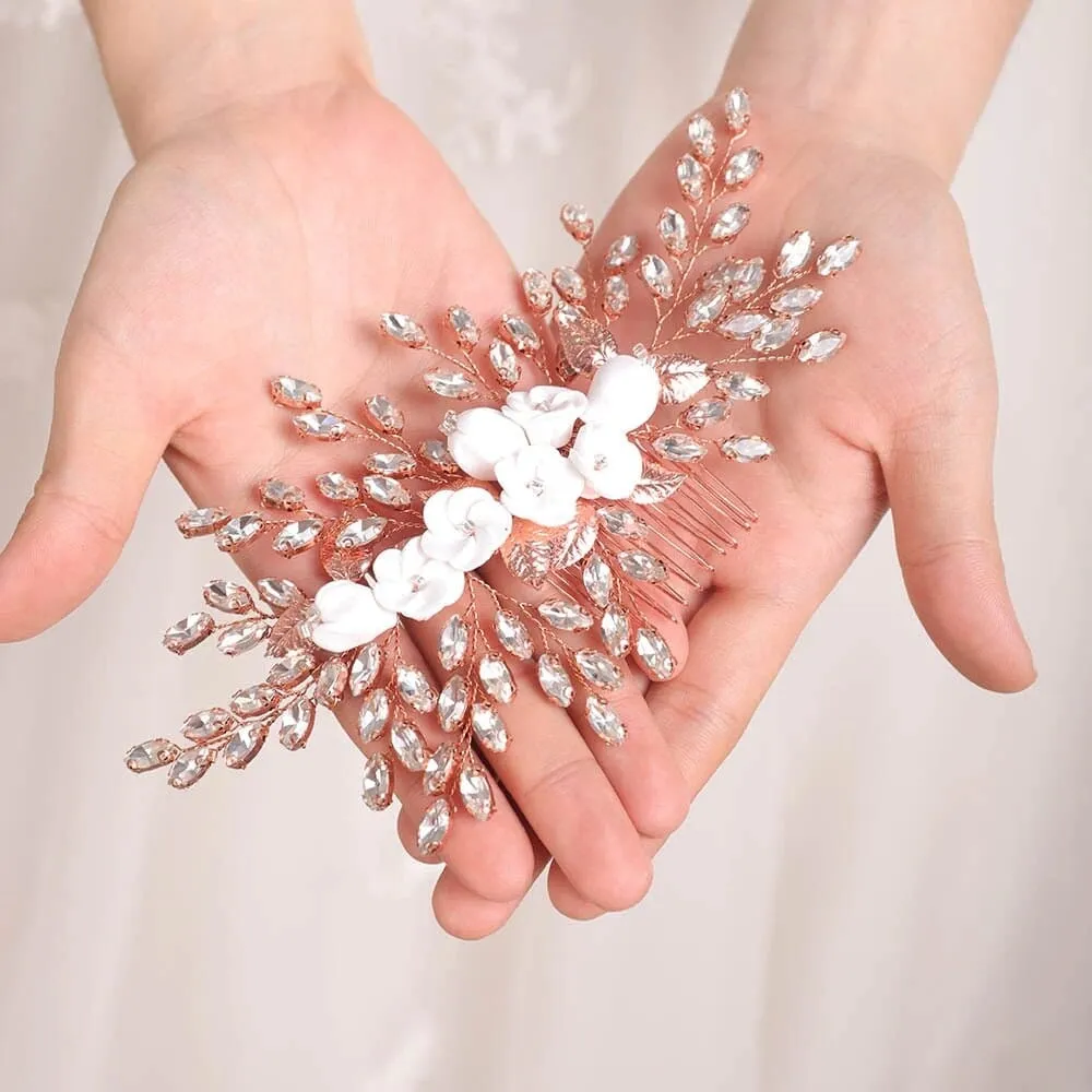 Clay Flower Bridal Hair Comb, Rhinestone Crystal Wedding Hairpiece, Large Gem Leaf Bridal Hair Comb