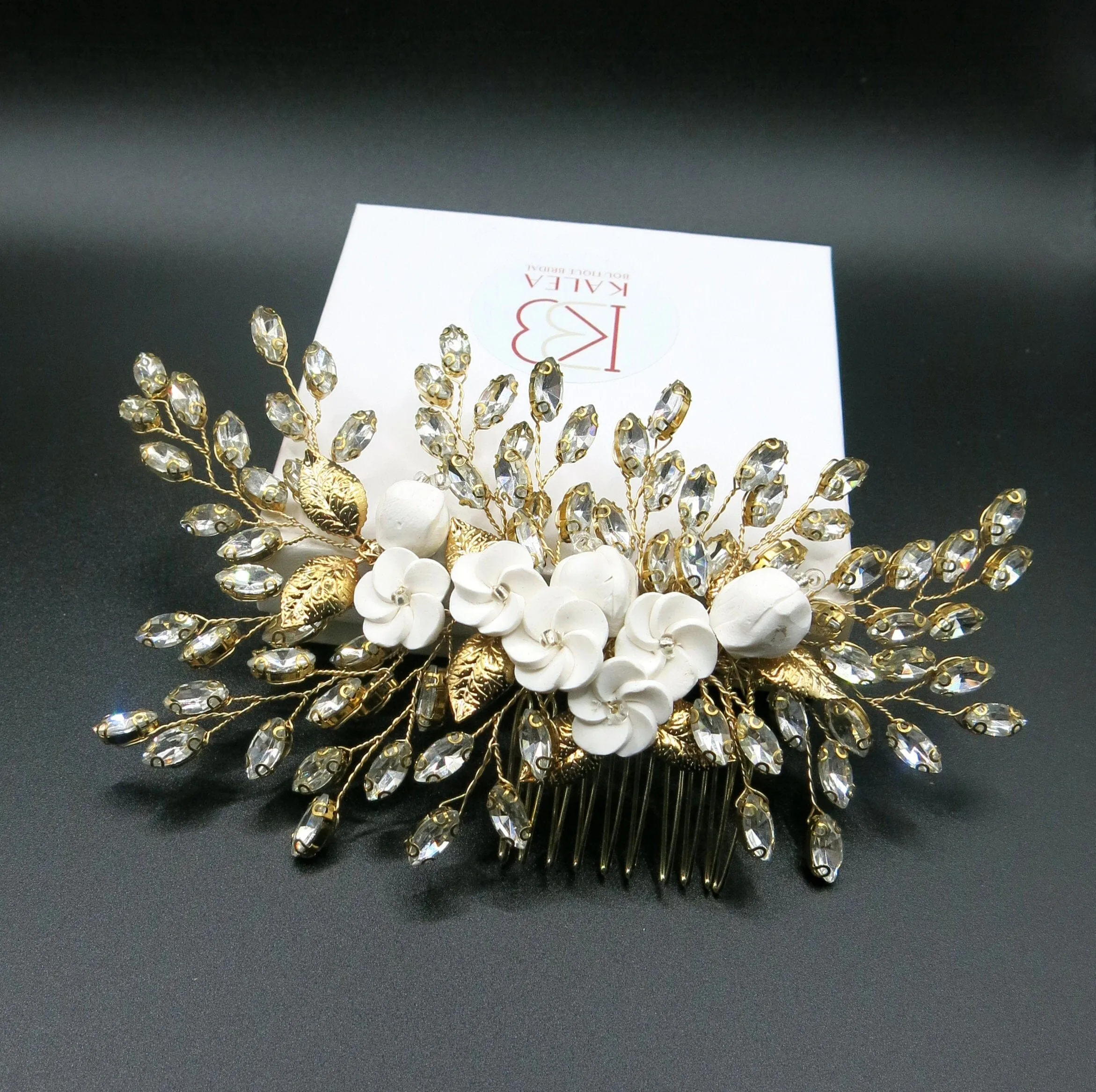 Clay Flower Bridal Hair Comb, Rhinestone Crystal Wedding Hairpiece, Large Gem Leaf Bridal Hair Comb