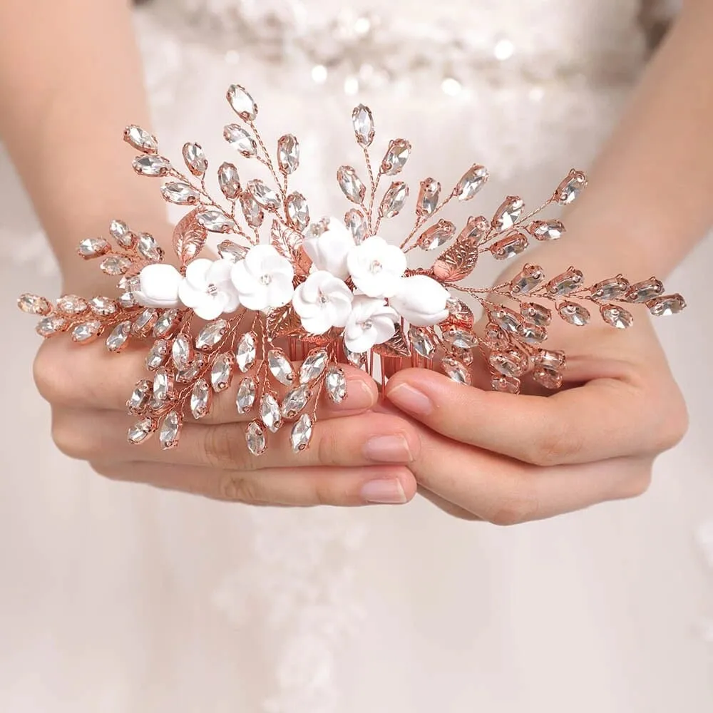 Clay Flower Bridal Hair Comb, Rhinestone Crystal Wedding Hairpiece, Large Gem Leaf Bridal Hair Comb