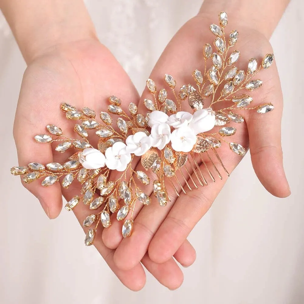 Clay Flower Bridal Hair Comb, Rhinestone Crystal Wedding Hairpiece, Large Gem Leaf Bridal Hair Comb