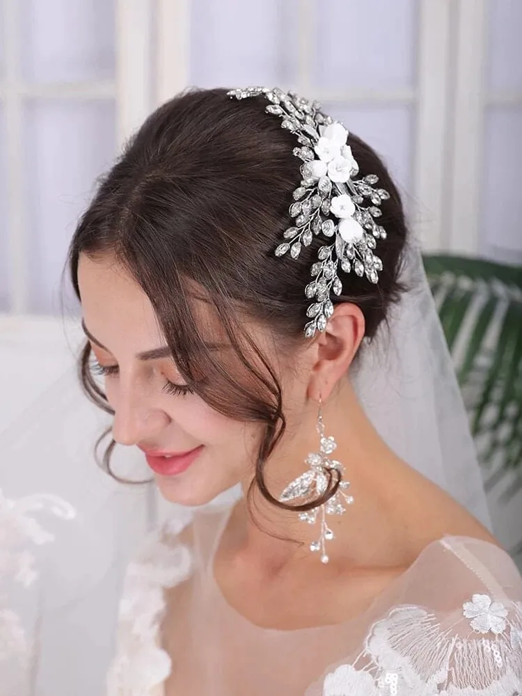 Clay Flower Bridal Hair Comb, Rhinestone Crystal Wedding Hairpiece, Large Gem Leaf Bridal Hair Comb