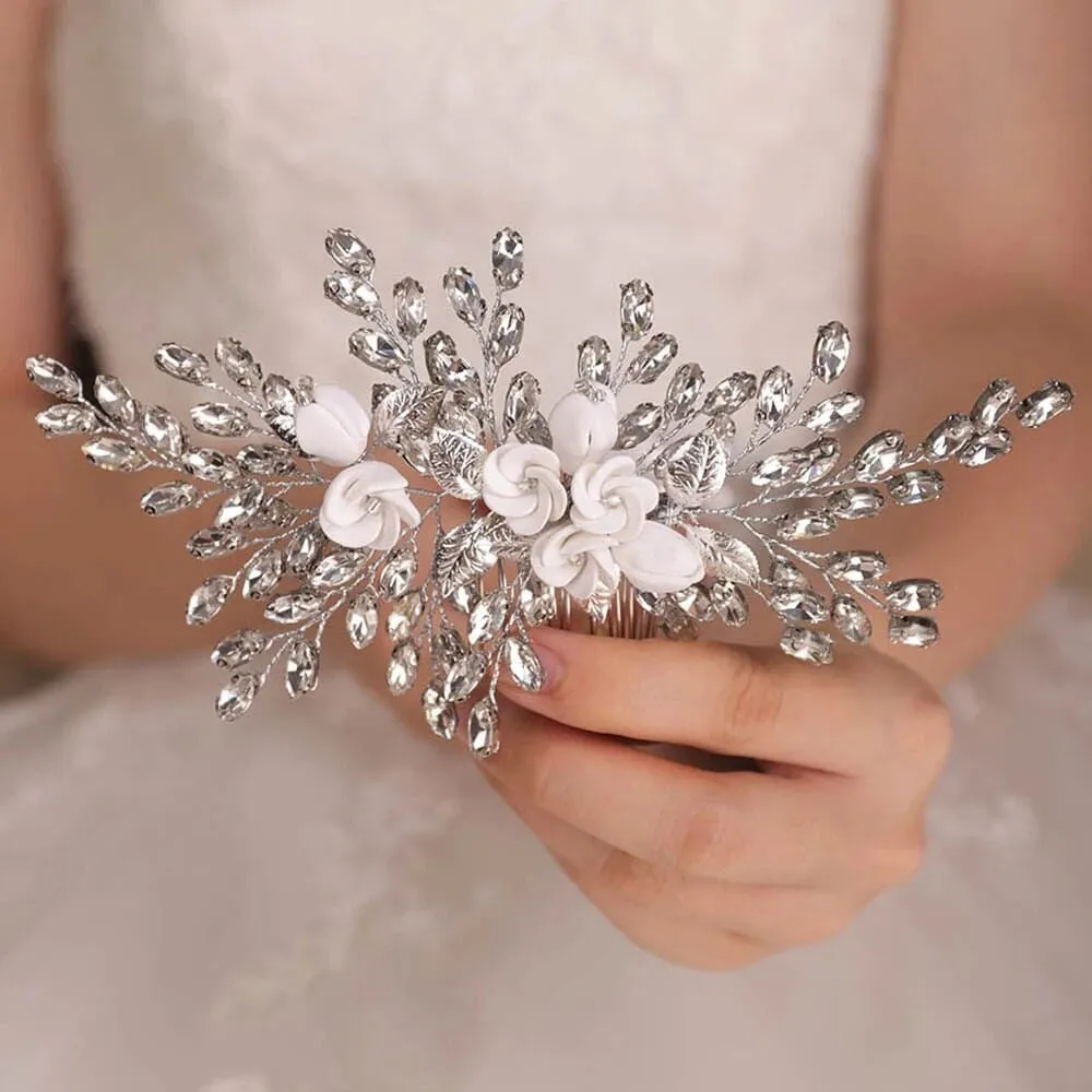 Clay Flower Bridal Hair Comb, Rhinestone Crystal Wedding Hairpiece, Large Gem Leaf Bridal Hair Comb