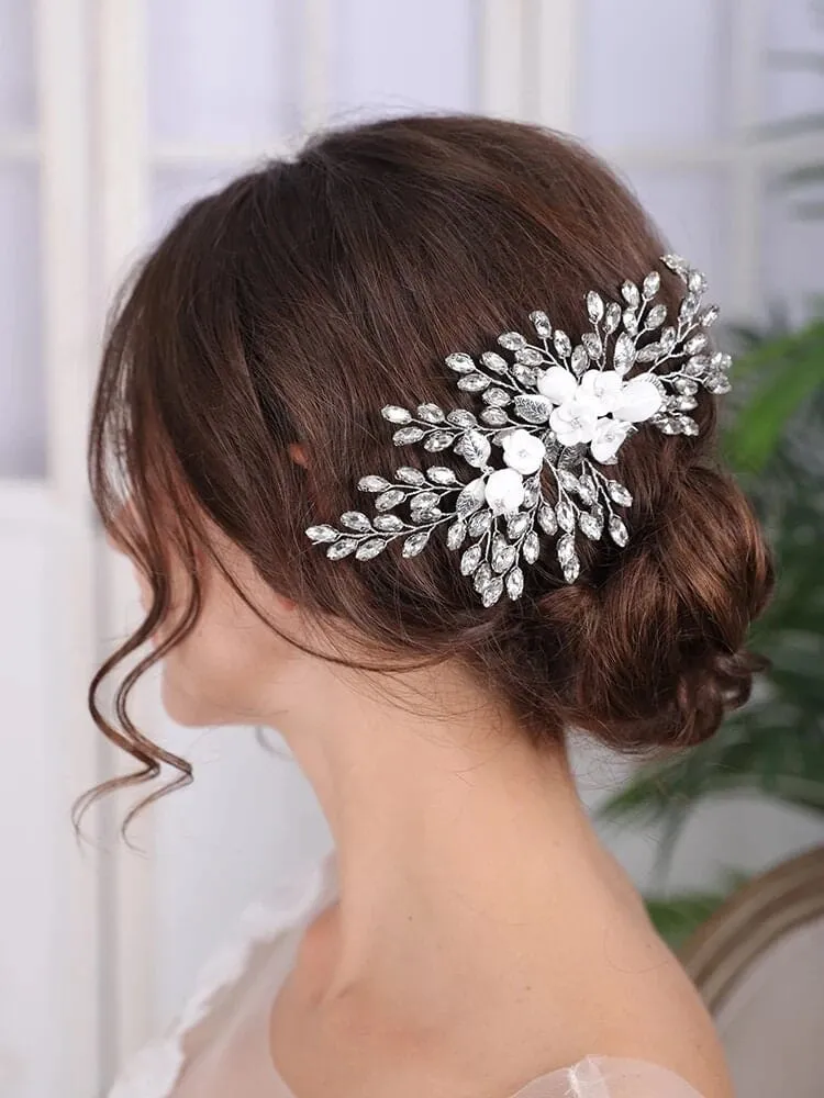 Clay Flower Bridal Hair Comb, Rhinestone Crystal Wedding Hairpiece, Large Gem Leaf Bridal Hair Comb