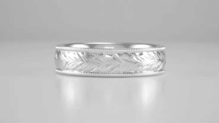 Comfort Fit 6mm Wide Art Deco Millgrain Edge Hand Engraved Wheat Antique Style Wedding Ring in White Gold