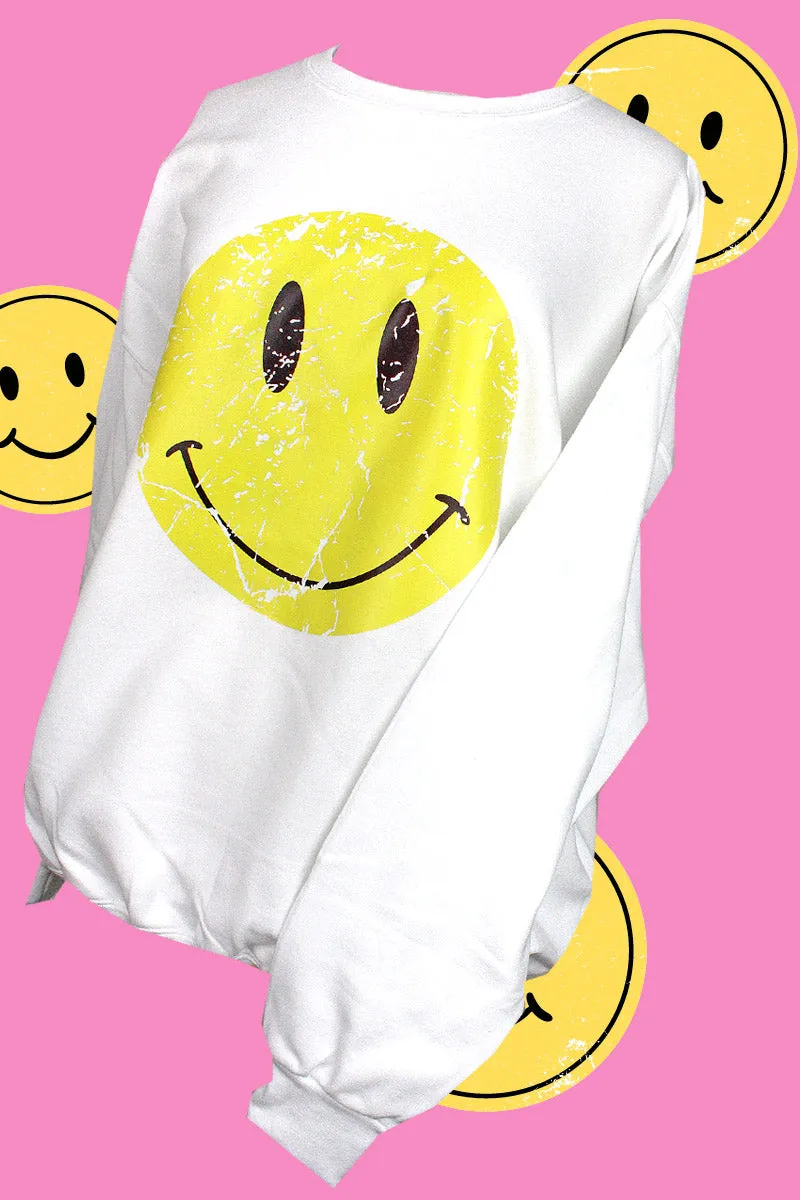 Distressed Happy Face Ecosmart Crewneck Sweatshirt