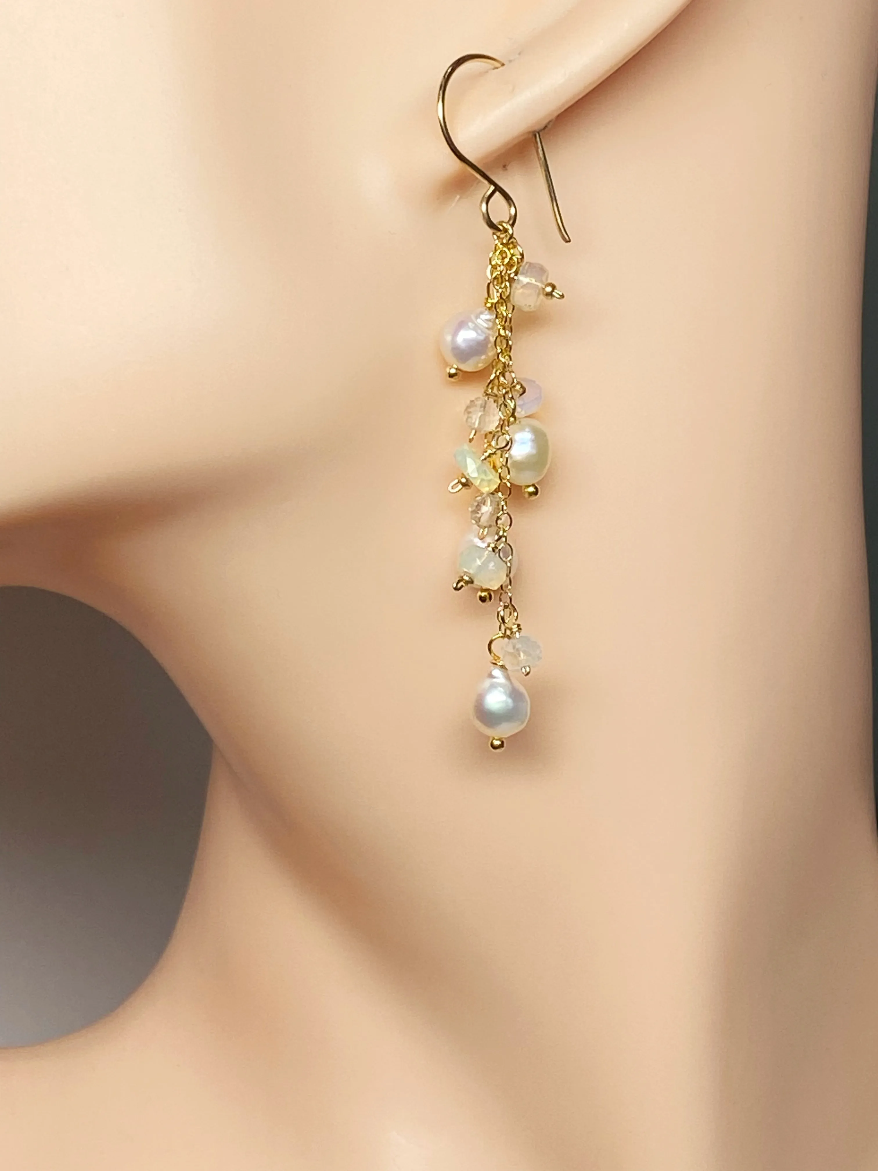 Edison Pearl Dainty Dangle Earrings with Moonstones and Opals
