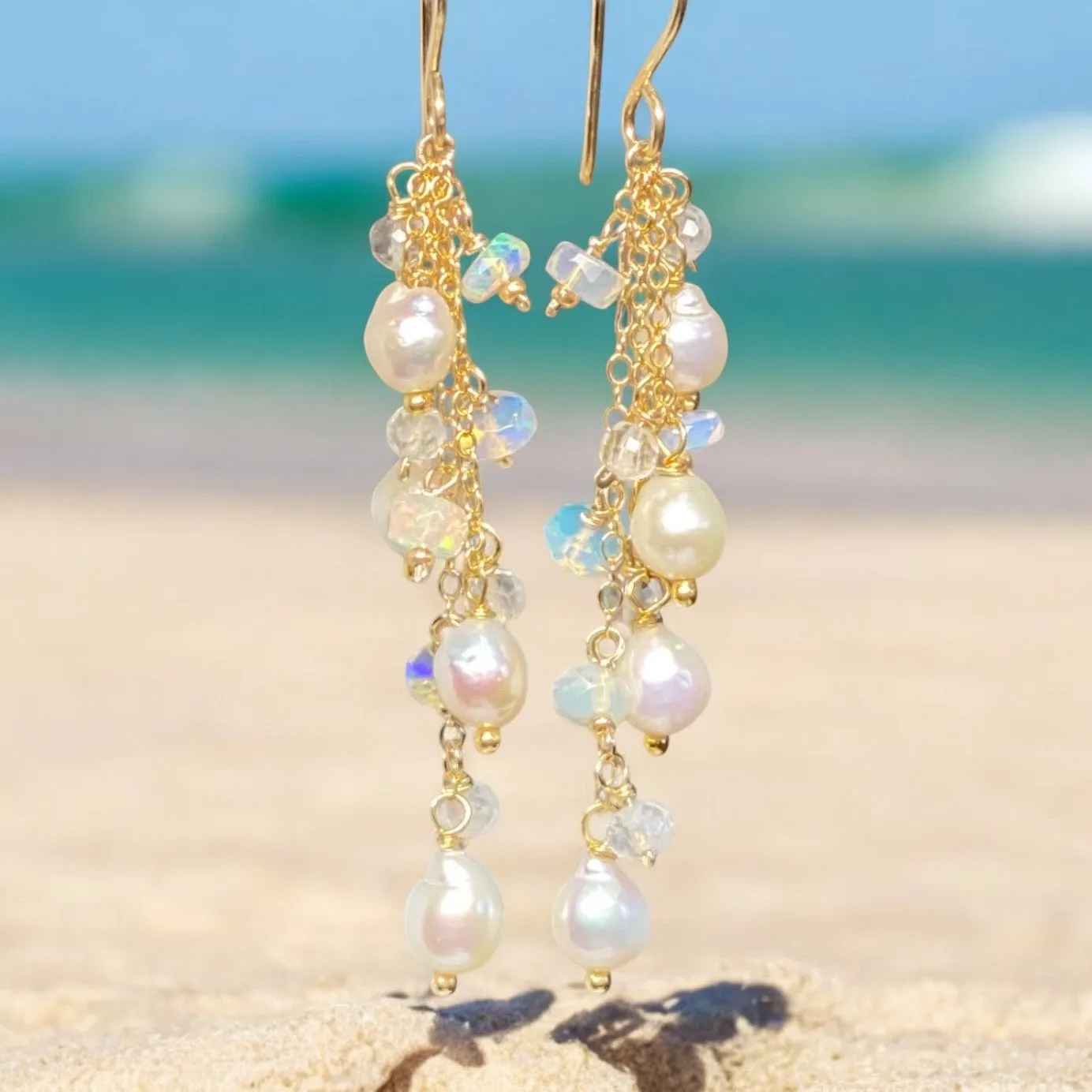 Edison Pearl Dainty Dangle Earrings with Moonstones and Opals