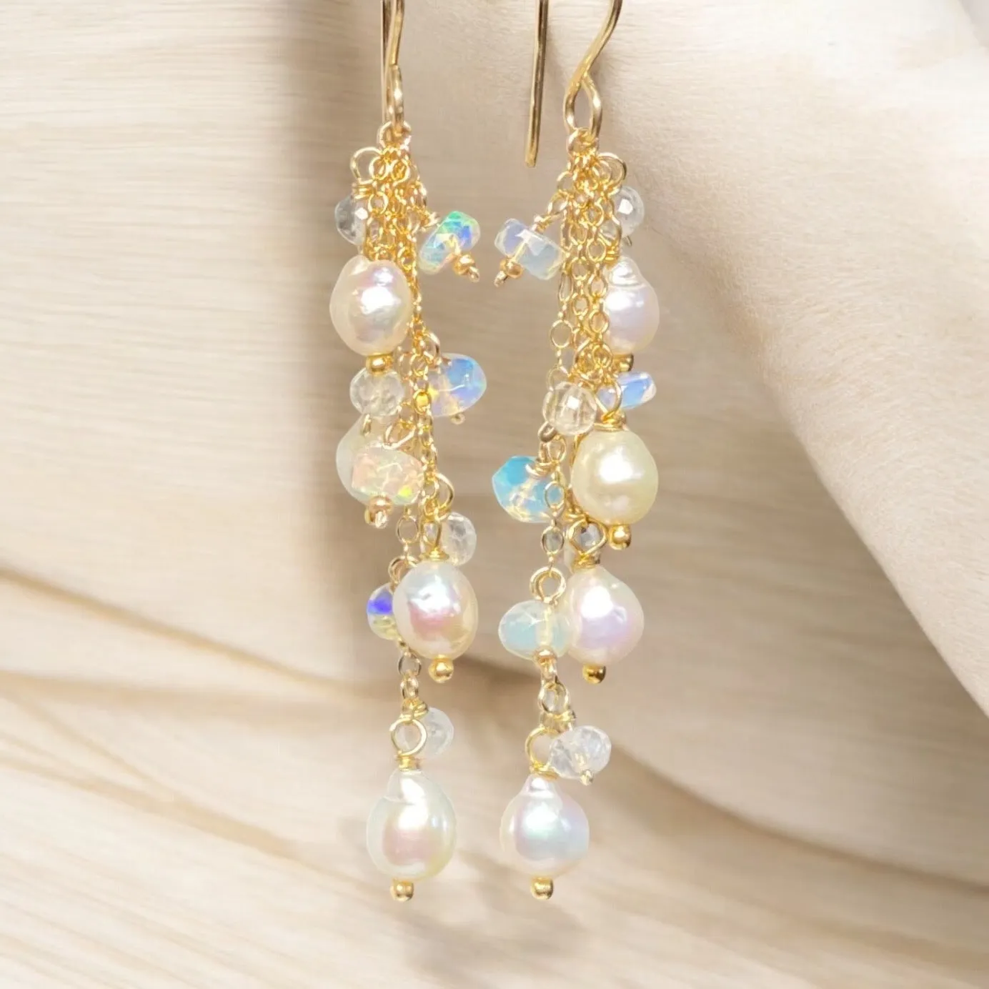 Edison Pearl Dainty Dangle Earrings with Moonstones and Opals