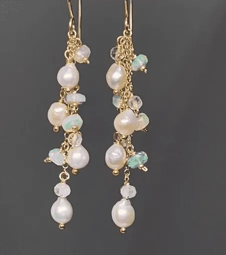 Edison Pearl Dainty Dangle Earrings with Moonstones and Opals