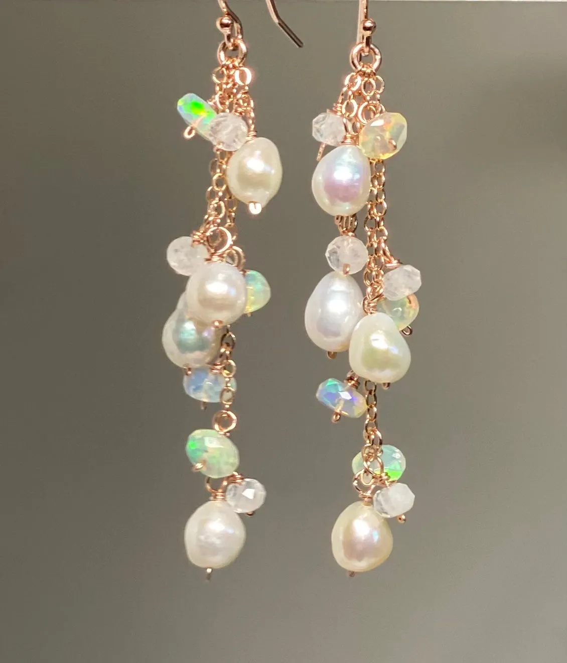 Edison Pearl Dainty Dangle Earrings with Moonstones and Opals
