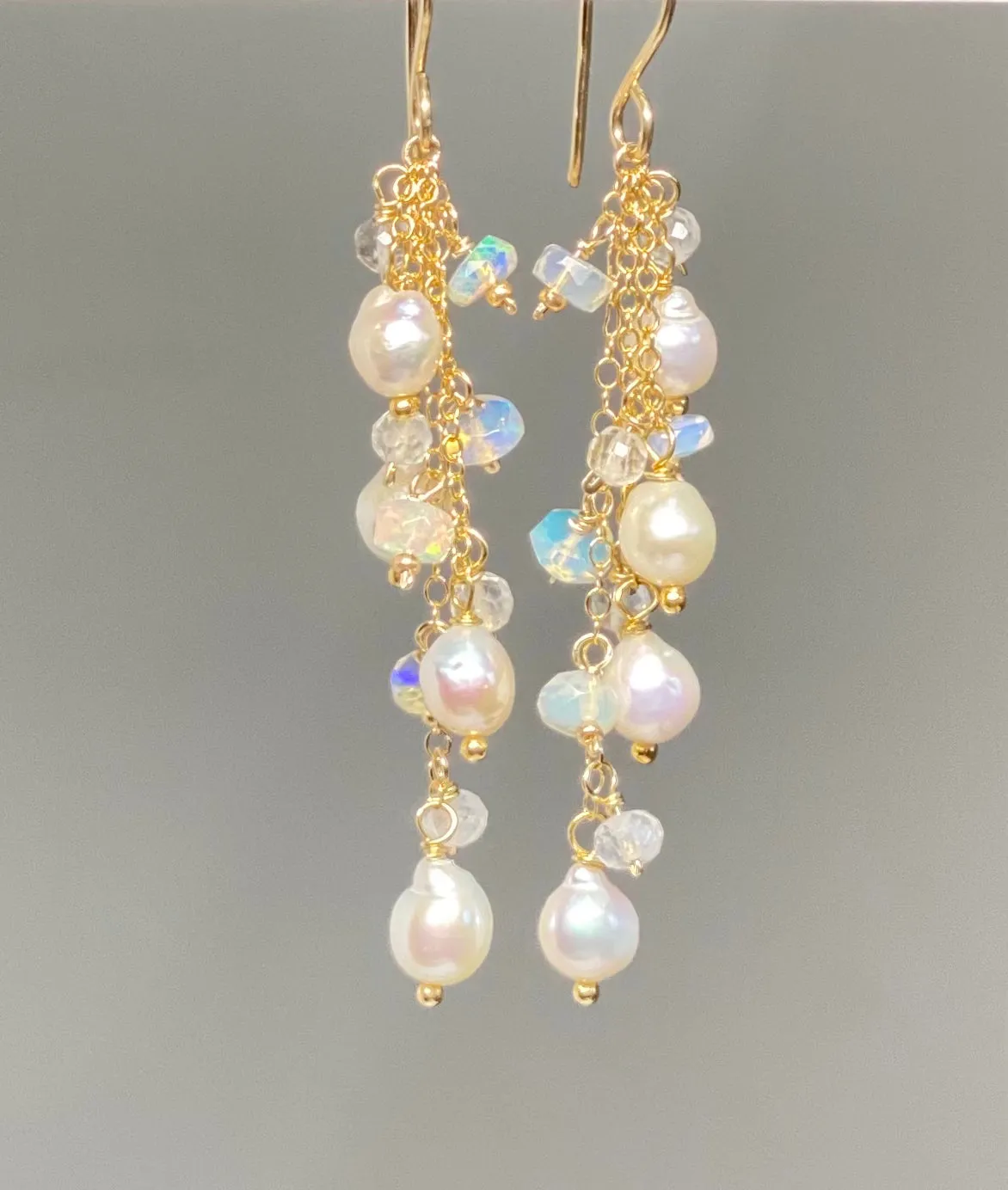 Edison Pearl Dainty Dangle Earrings with Moonstones and Opals