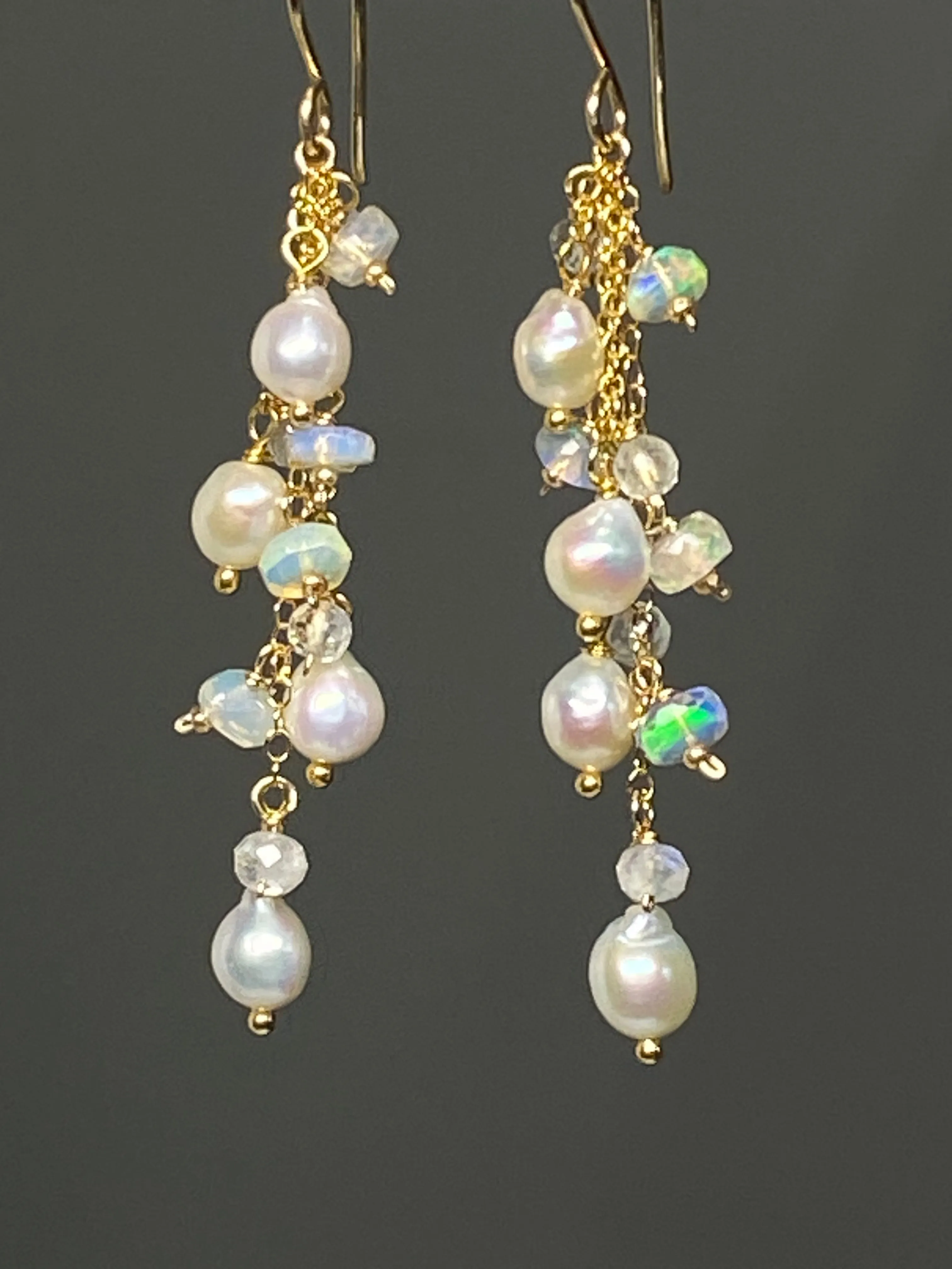 Edison Pearl Dainty Dangle Earrings with Moonstones and Opals