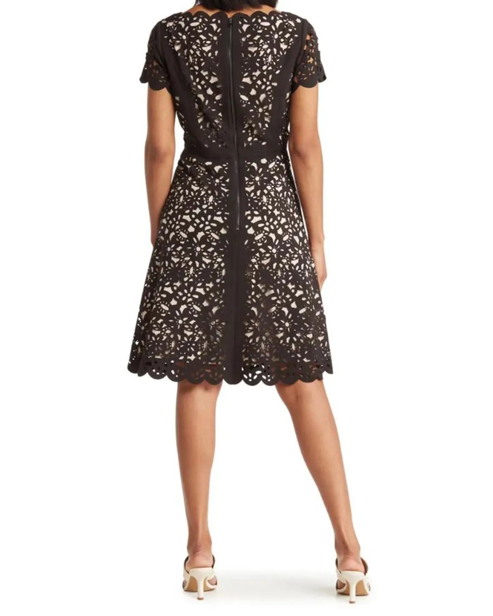 FOCUS by Shani — V-Neck Laser Cut Fit & Flare Dress in Ivory