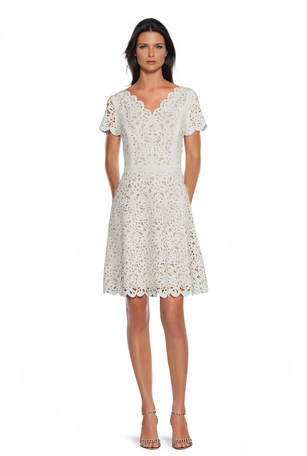 FOCUS by Shani — V-Neck Laser Cut Fit & Flare Dress in Ivory