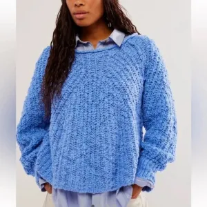 Free People In A Swirl Blue Chunky Knit Crewneck Sweater Women's Xsmall