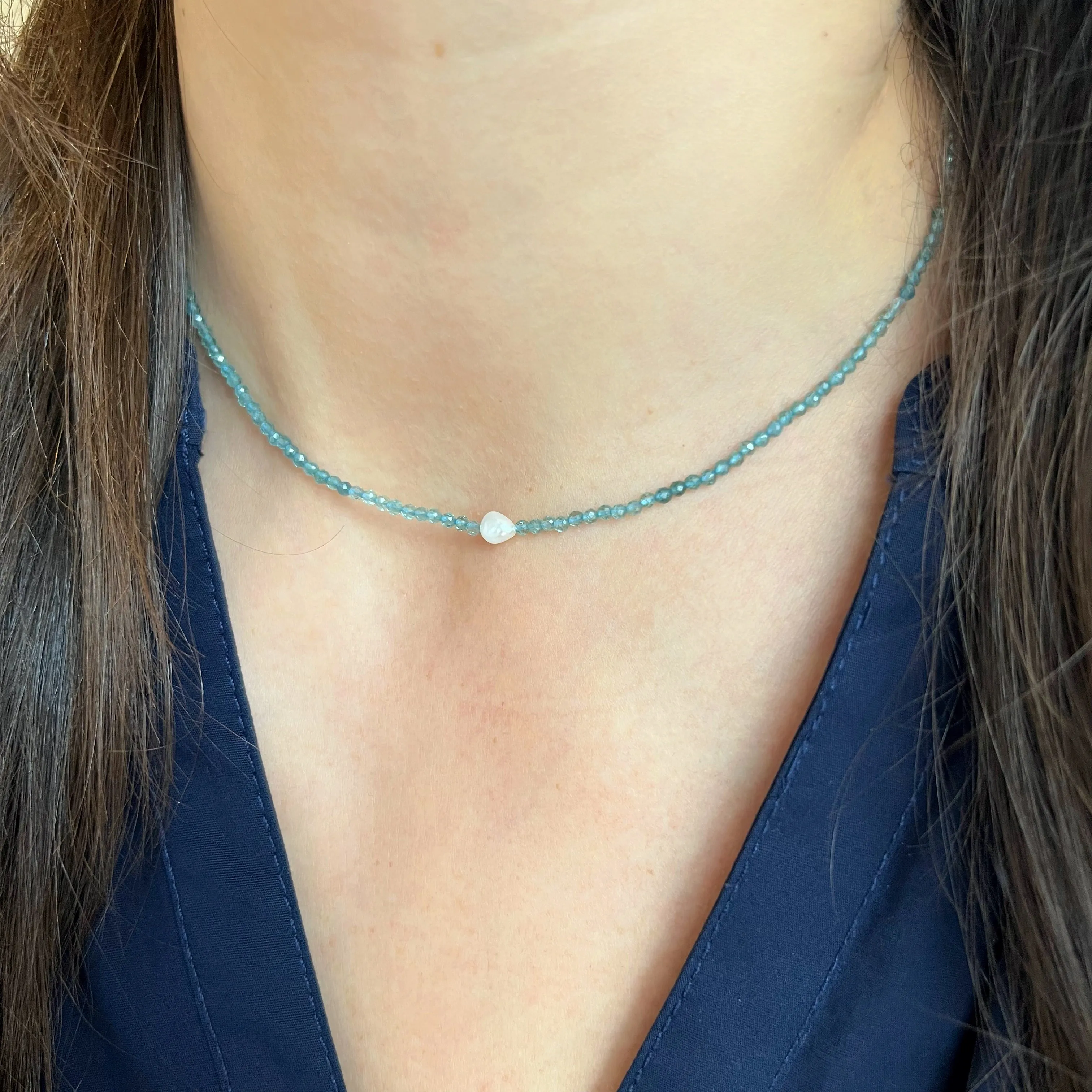 Genuine Blue Tourmaline & Pearl Gemstone Bead Necklace