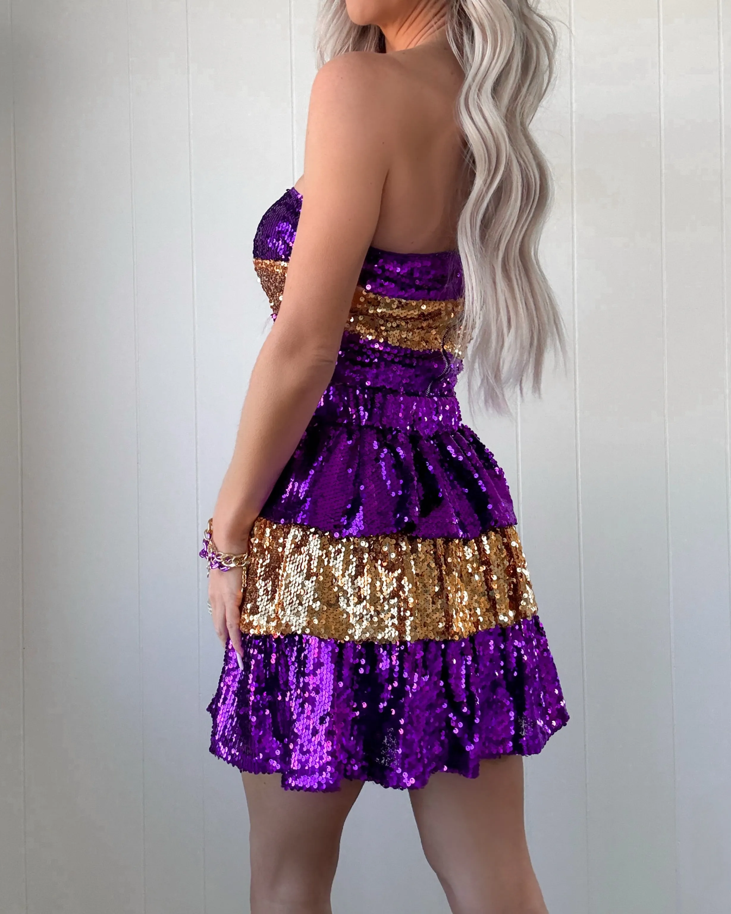 Glitz & Gras Tiered Sequin Skirt - Purple/Gold