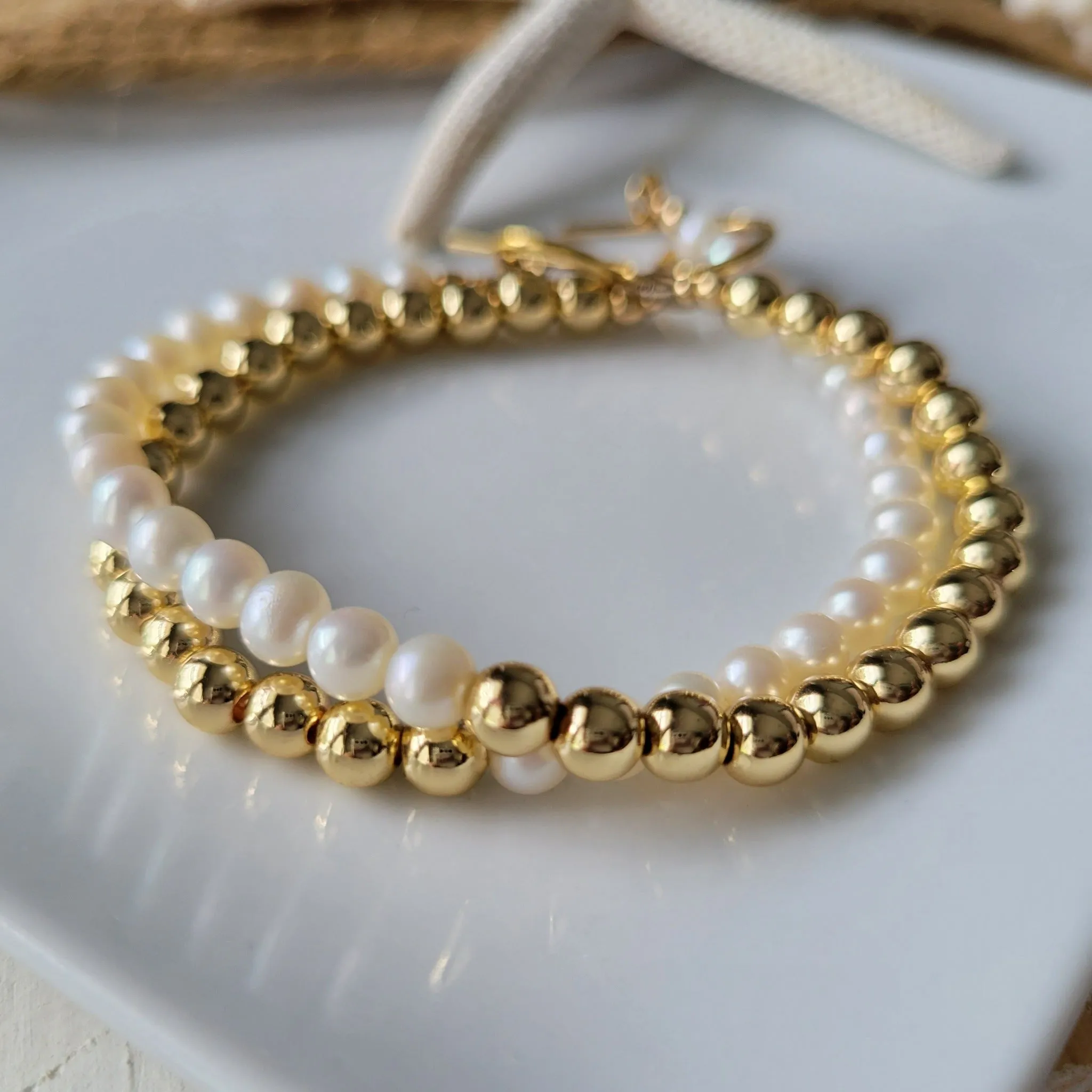 Gold and Freshwater Pearl Beaded Layering Bracelet or Necklace - 4-5mm