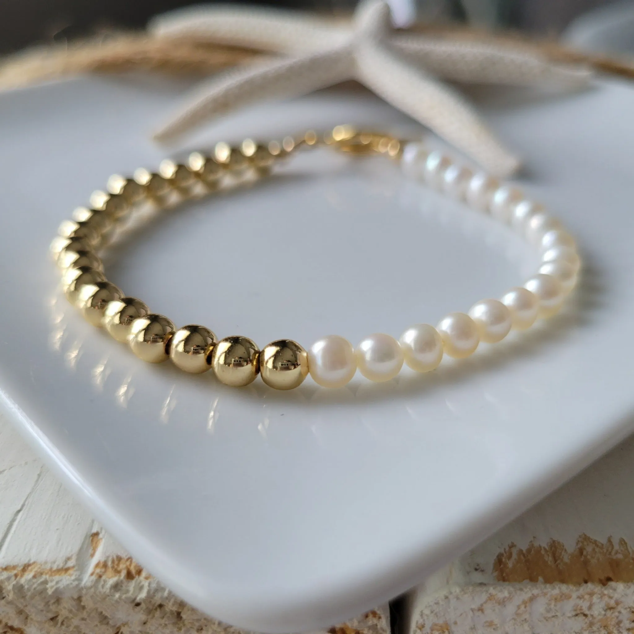 Gold and Freshwater Pearl Beaded Layering Bracelet or Necklace - 4-5mm
