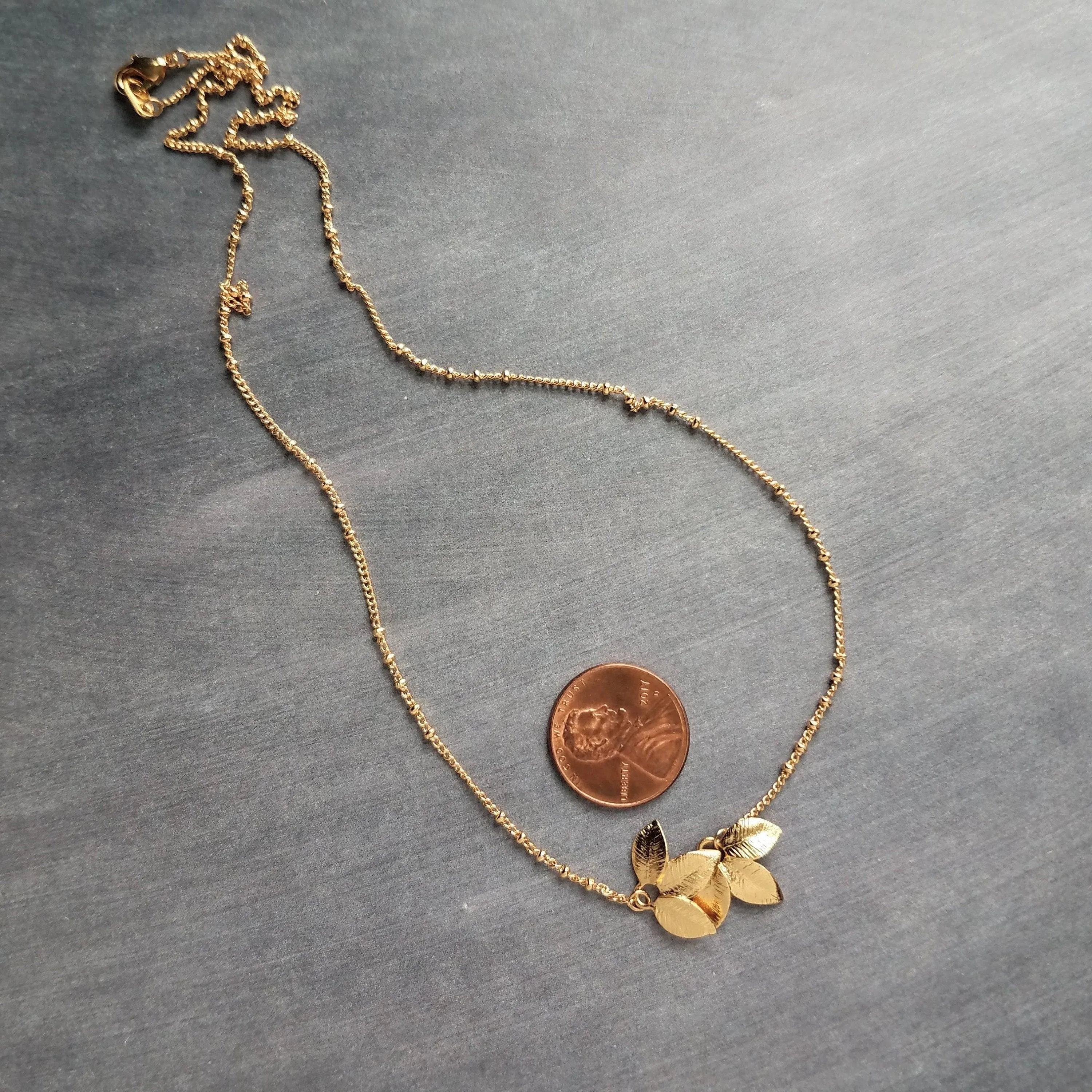 Gold Leaf Necklace, small gold leaves pendant, connected leaves necklace, simple gold leaf necklace, beaded gold satellite chain tiny dainty