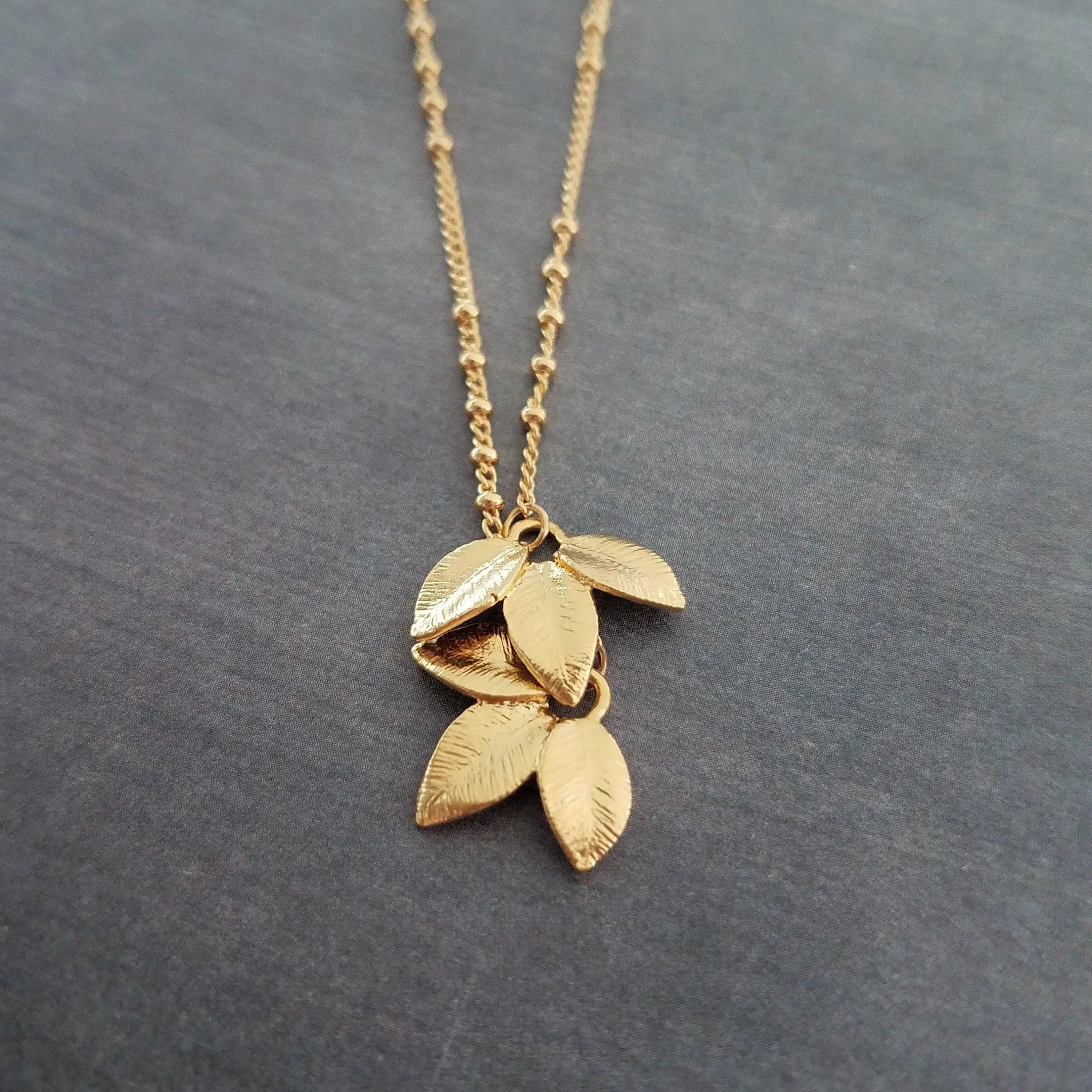Gold Leaf Necklace, small gold leaves pendant, connected leaves necklace, simple gold leaf necklace, beaded gold satellite chain tiny dainty