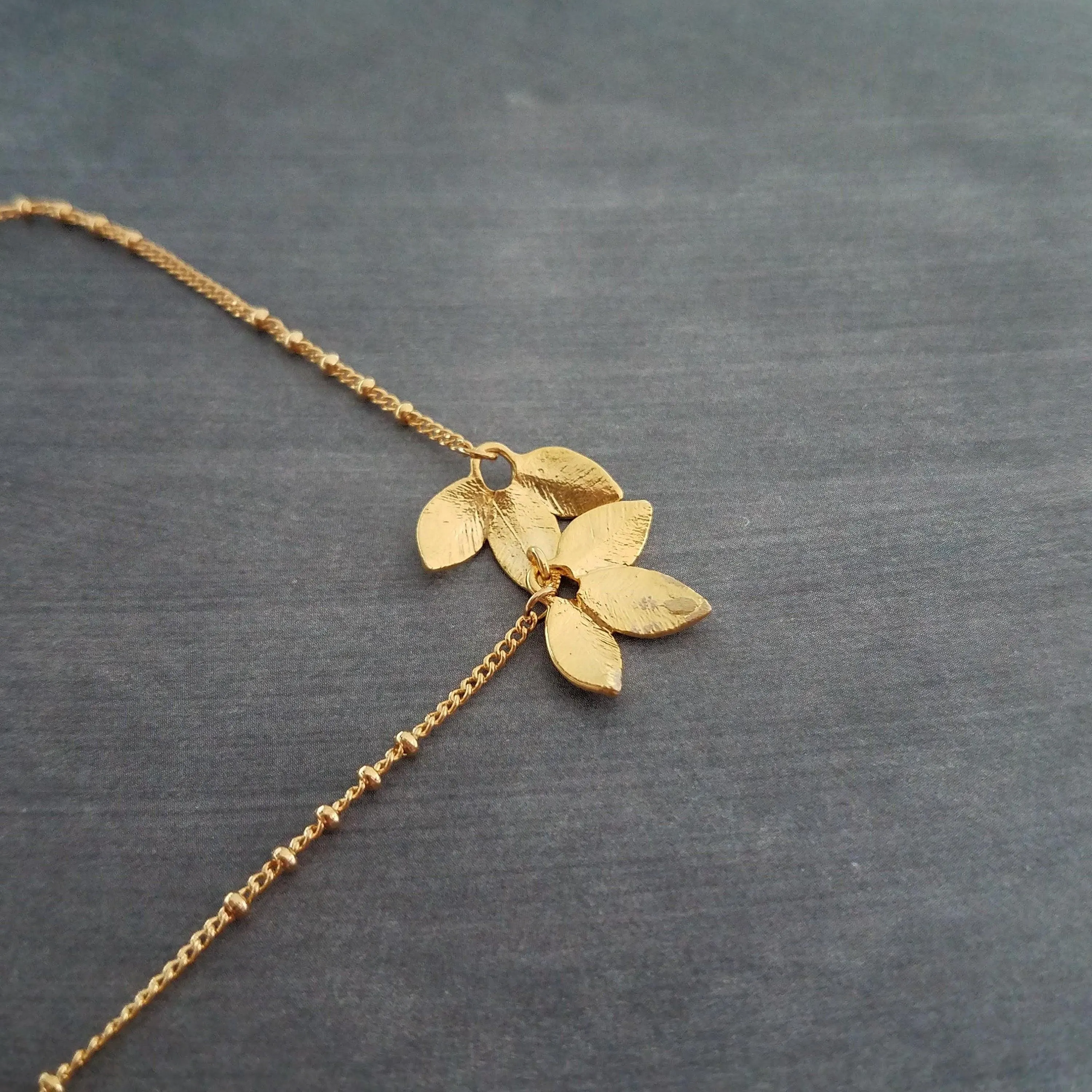Gold Leaf Necklace, small gold leaves pendant, connected leaves necklace, simple gold leaf necklace, beaded gold satellite chain tiny dainty