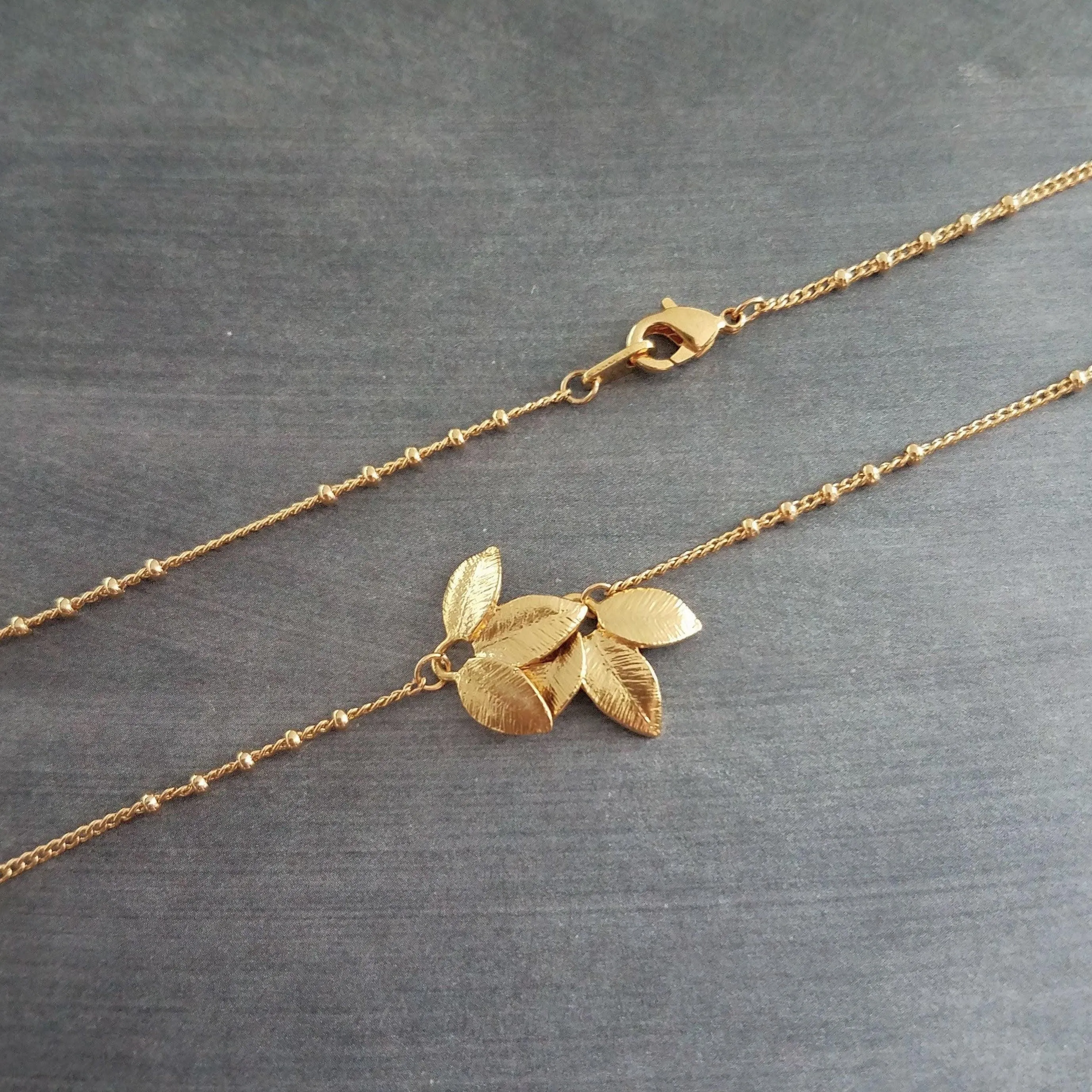 Gold Leaf Necklace, small gold leaves pendant, connected leaves necklace, simple gold leaf necklace, beaded gold satellite chain tiny dainty