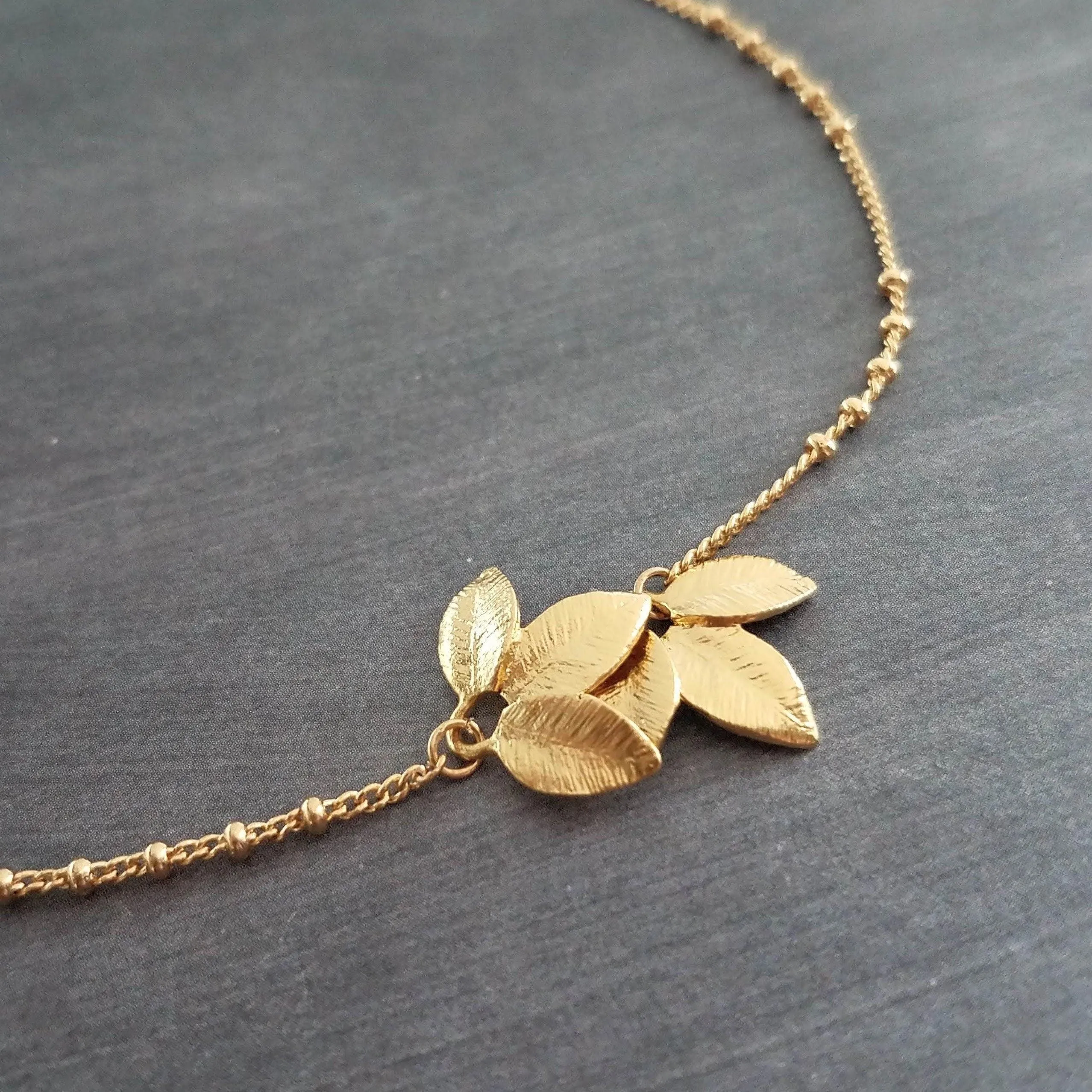 Gold Leaf Necklace, small gold leaves pendant, connected leaves necklace, simple gold leaf necklace, beaded gold satellite chain tiny dainty