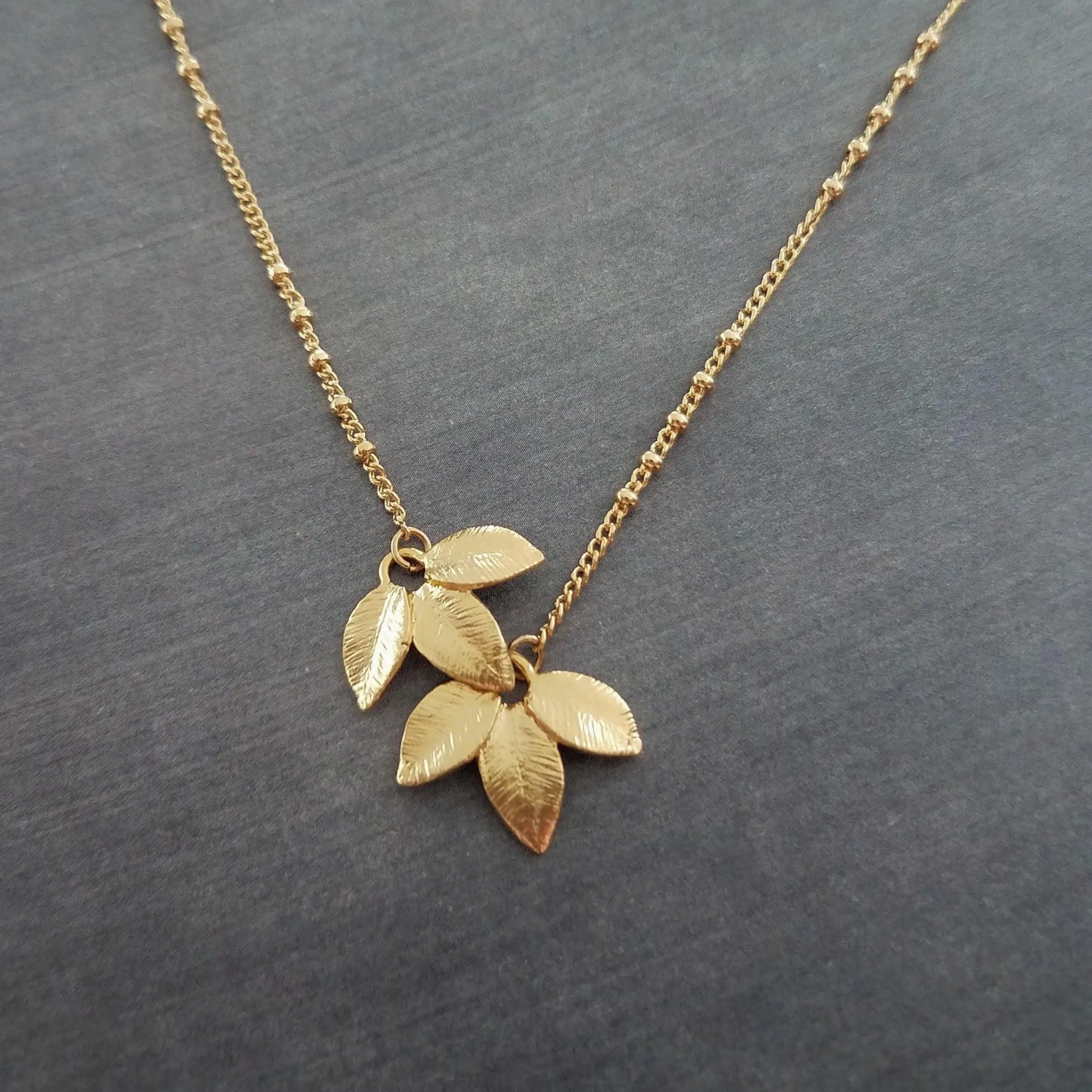 Gold Leaf Necklace, small gold leaves pendant, connected leaves necklace, simple gold leaf necklace, beaded gold satellite chain tiny dainty