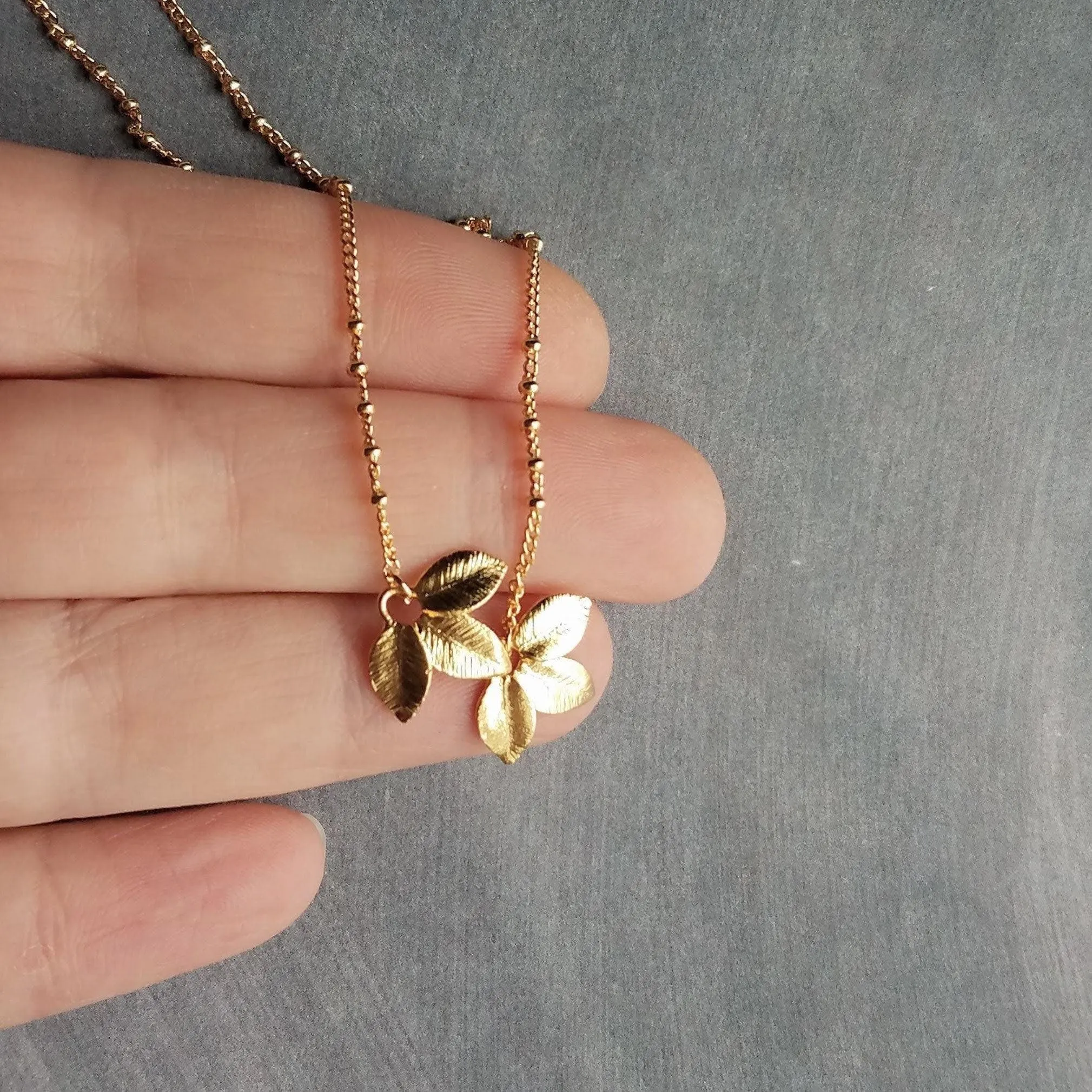 Gold Leaf Necklace, small gold leaves pendant, connected leaves necklace, simple gold leaf necklace, beaded gold satellite chain tiny dainty