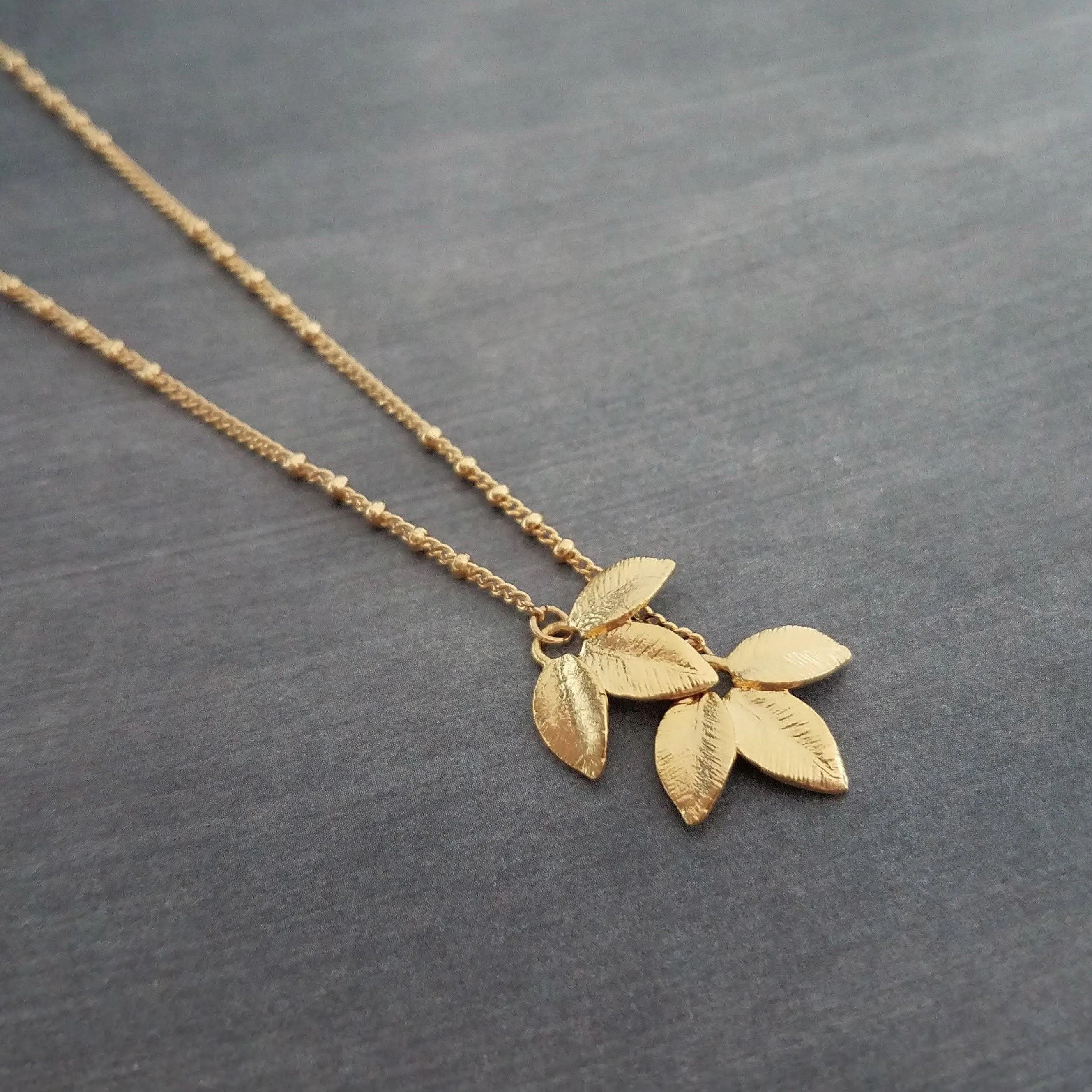 Gold Leaf Necklace, small gold leaves pendant, connected leaves necklace, simple gold leaf necklace, beaded gold satellite chain tiny dainty