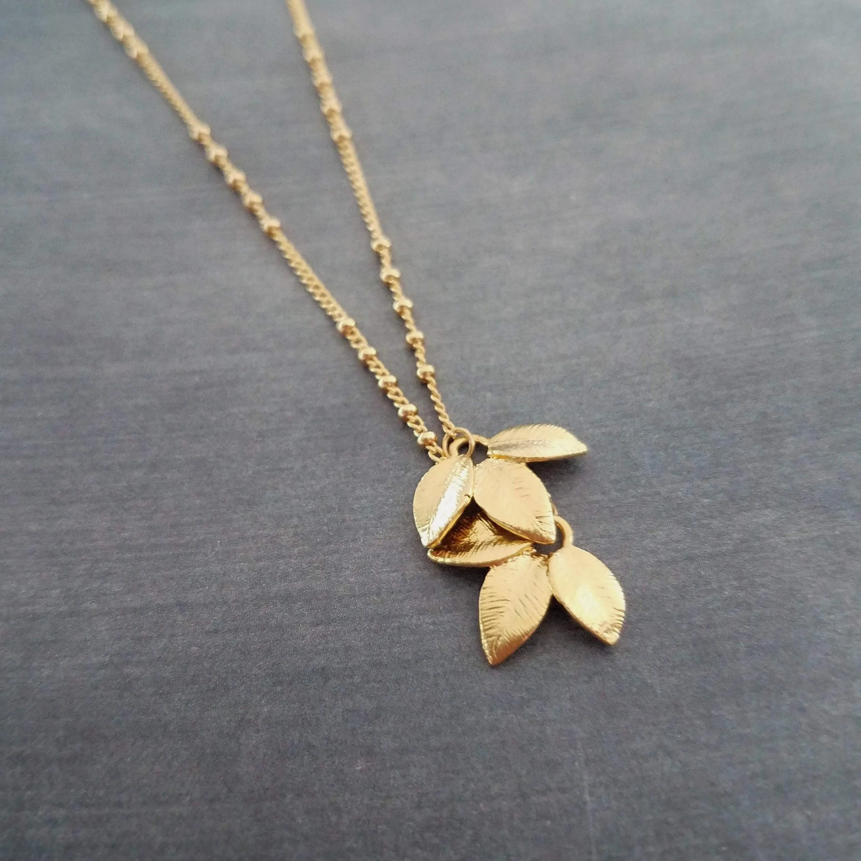 Gold Leaf Necklace, small gold leaves pendant, connected leaves necklace, simple gold leaf necklace, beaded gold satellite chain tiny dainty